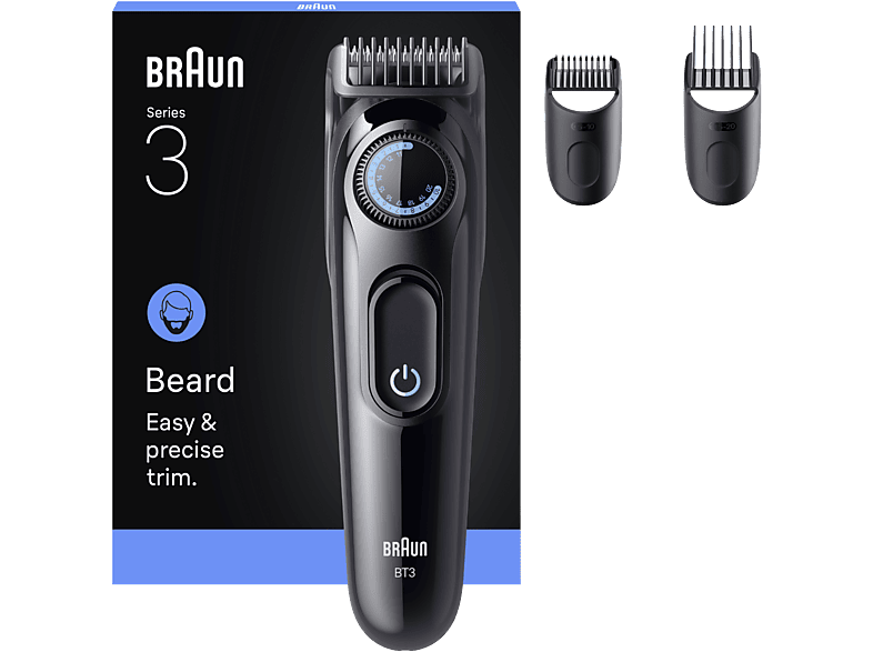 Barbero - Braun Series 3 BT3520, 2 peines para barba, 40 ajustes de longitud, Lámina ultra afilada, Negro