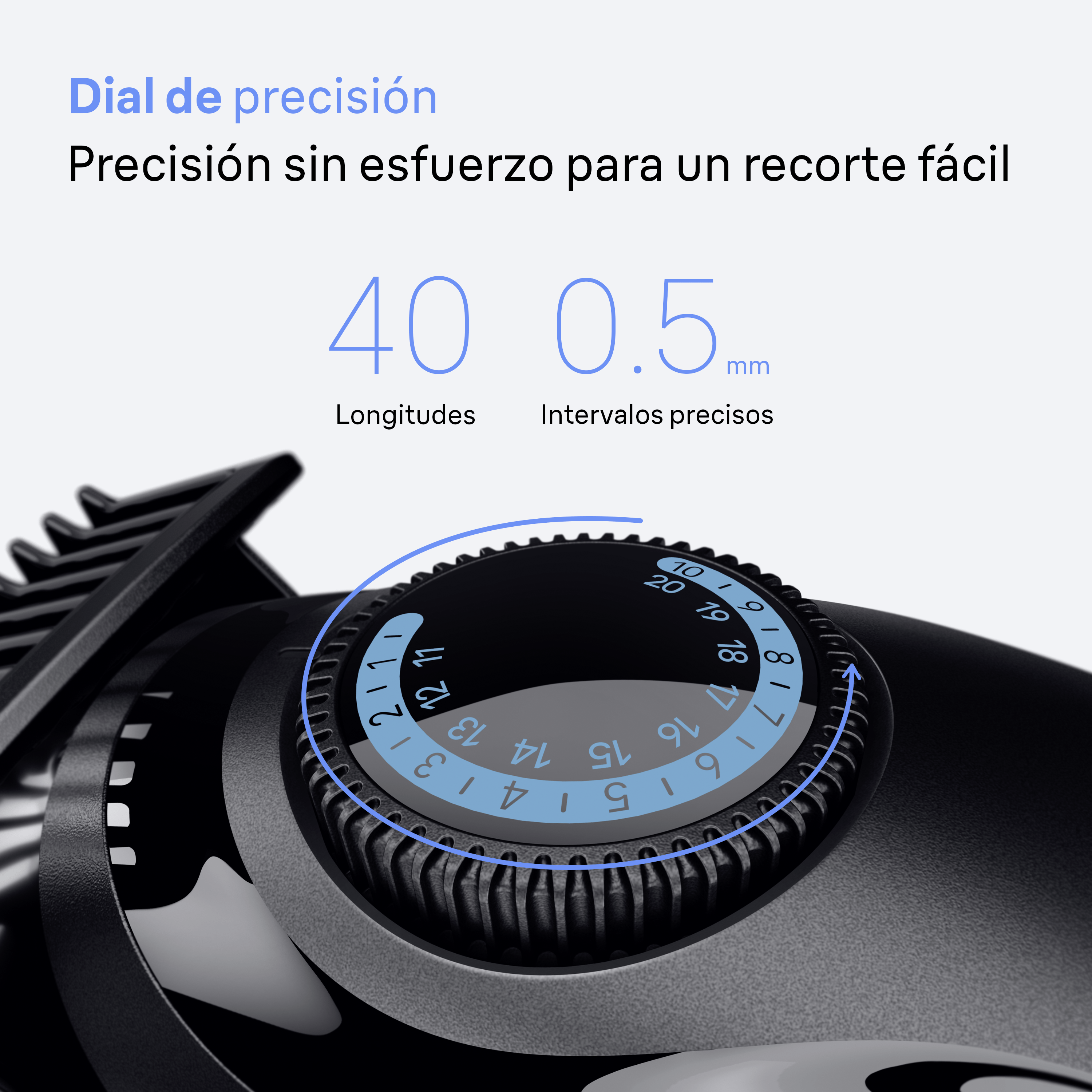 Primer plano del dial en una recortadora de barba Braun BT9.