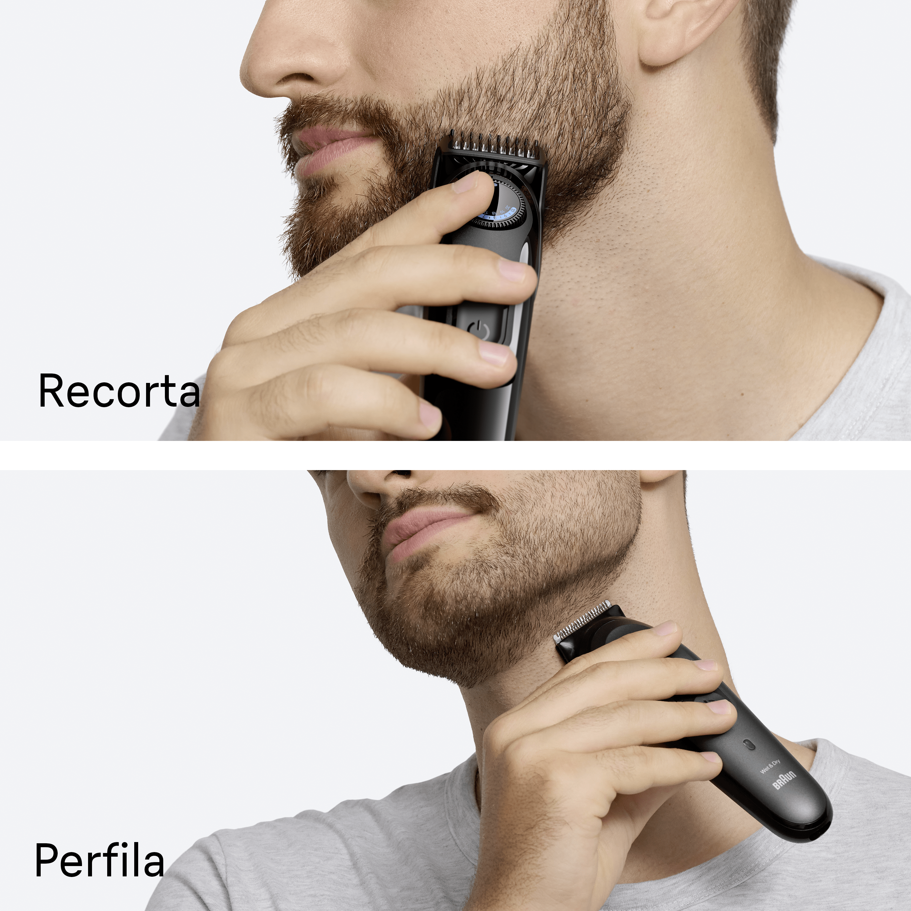 Un hombre se afeita la barba con una recortadora negra. El texto dice 'Recorta' y 'Perfila'.