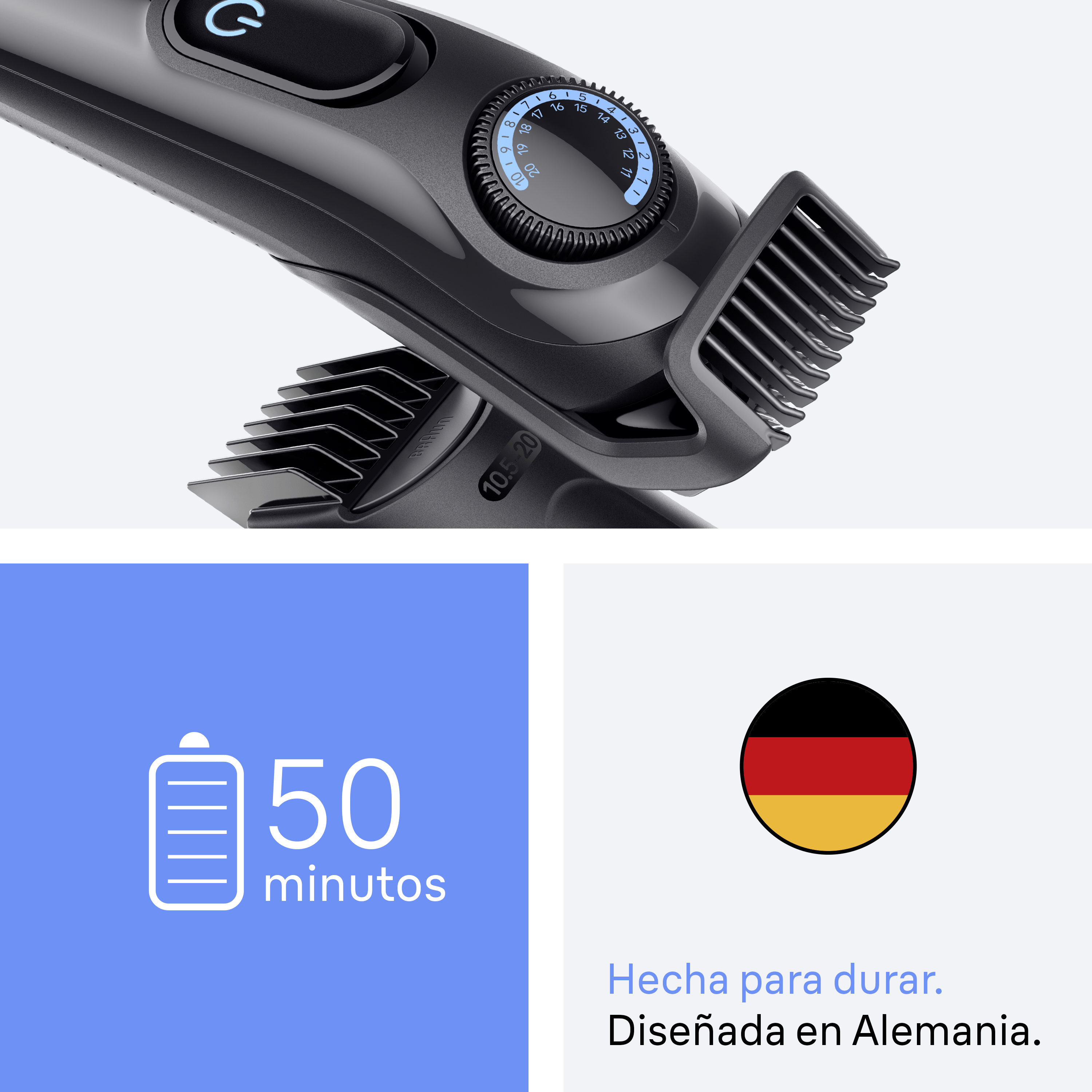 Primer plano de un recortador con 50 minutos de batería y bandera "Hecho en Alemania".