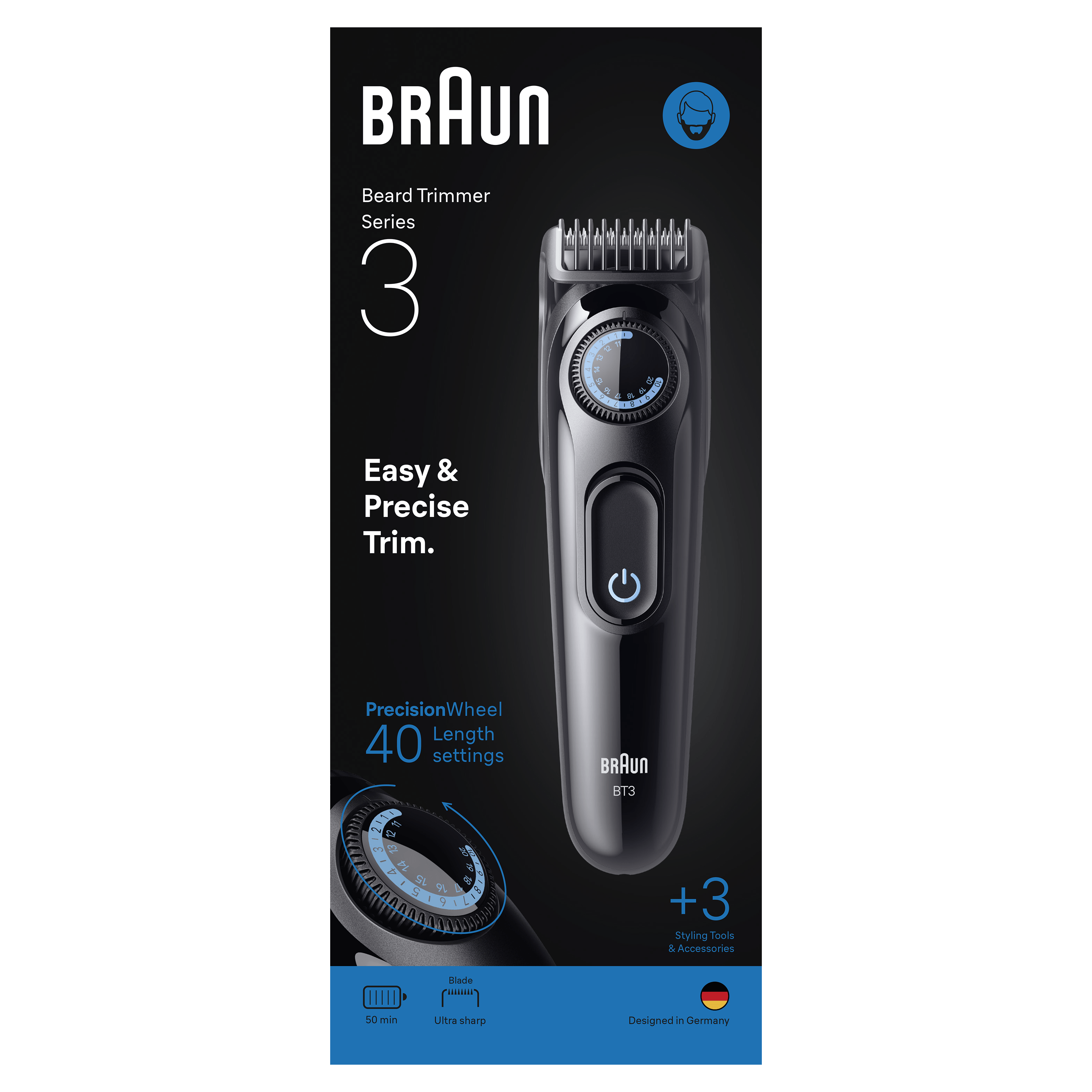 Recortadora de barba Braun sobre un fondo negro, con sus características.