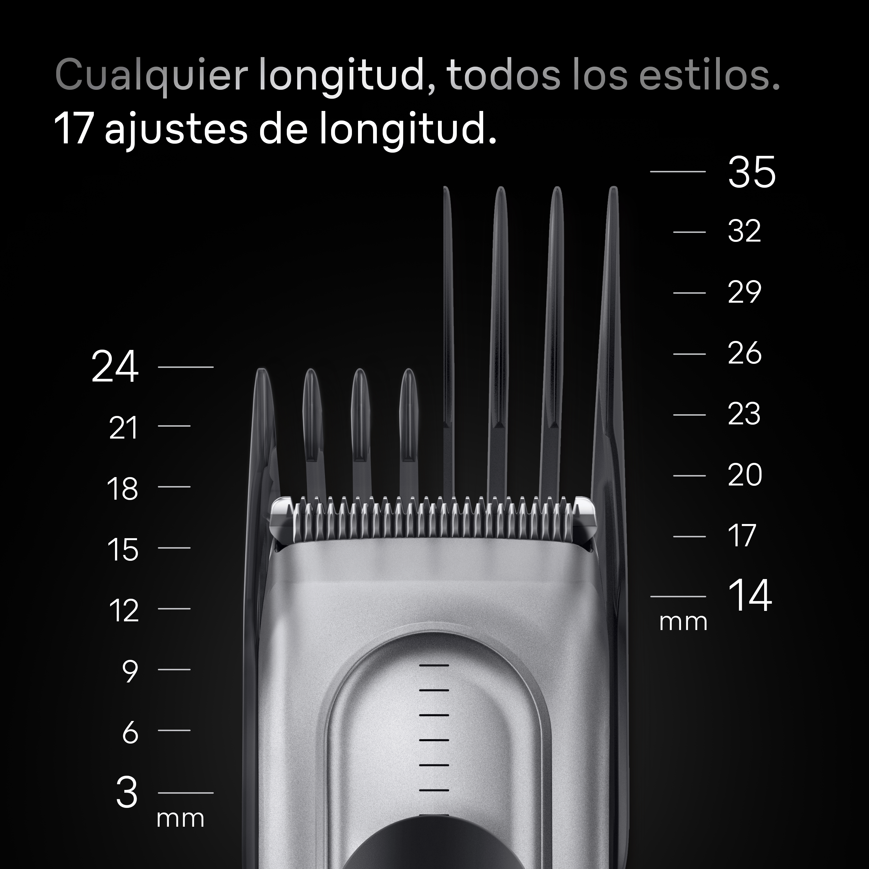 Primer plano de un cabezal de recortadora mostrando cuchilla y ajustes de longitud sobre fondo negro.