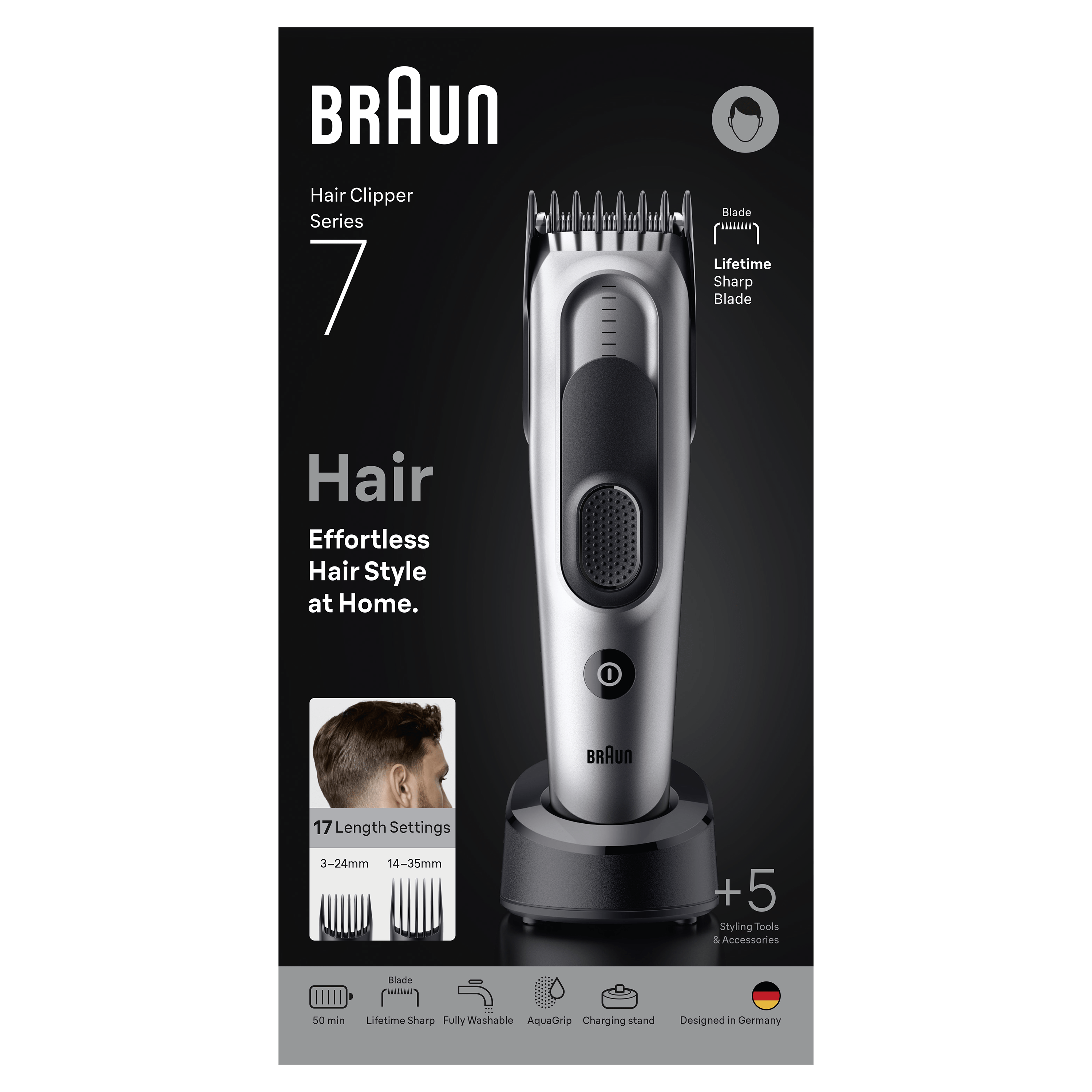 Cortapelos Braun con base de carga y accesorios, con 17 ajustes de longitud.