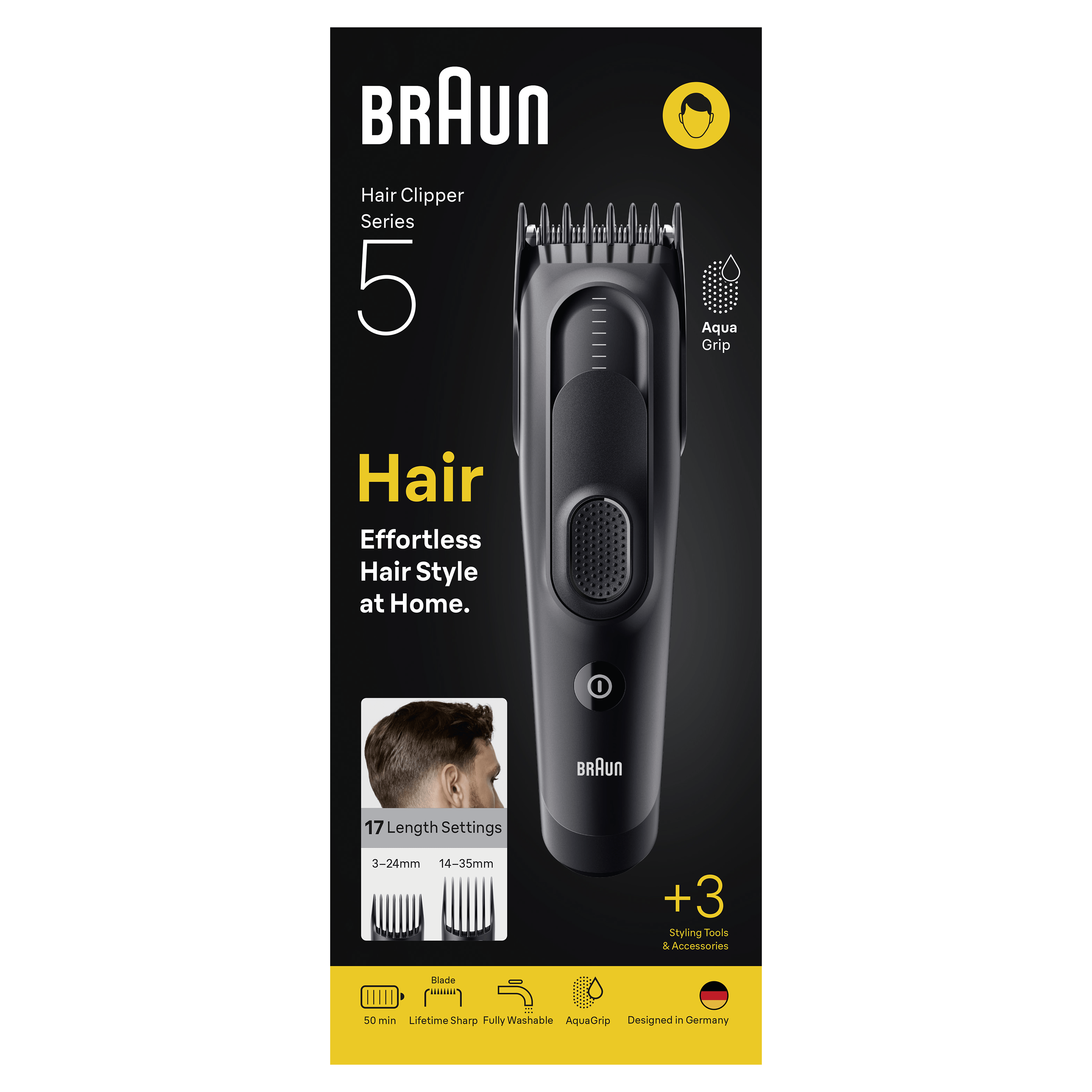 Caja de cortapelos Braun. Texto: Cabello, Estilo de cabello sin esfuerzo en casa. 17 ajustes de longitud.