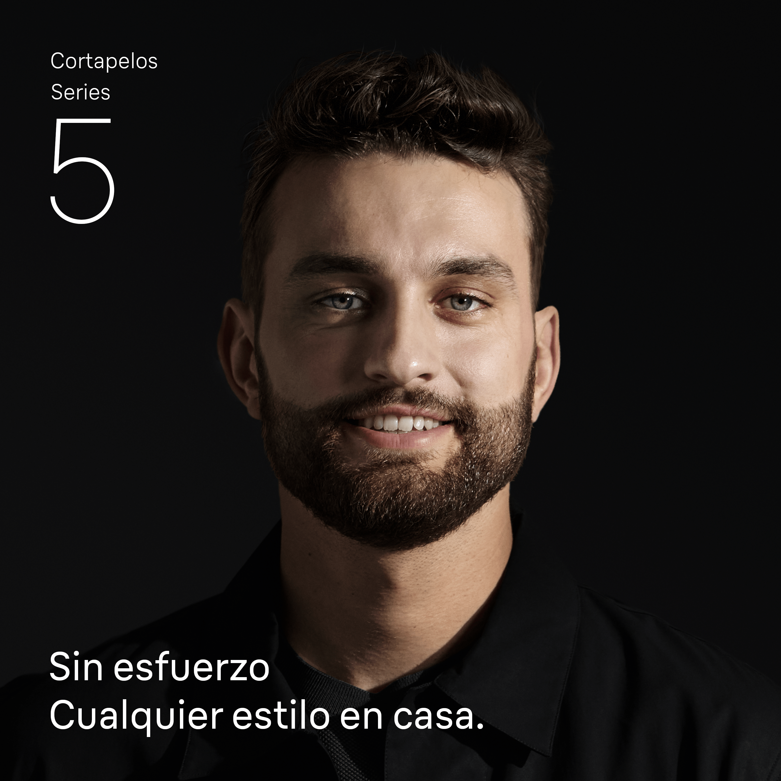 Un hombre con barba sonríe. Texto: 'Cortapelos Series 5' y 'Sin esfuerzo, cualquier estilo en casa'.