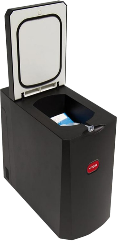 Czarny ekspres do kawy z otwartą pokrywą, pokazujący pudełko w środku.