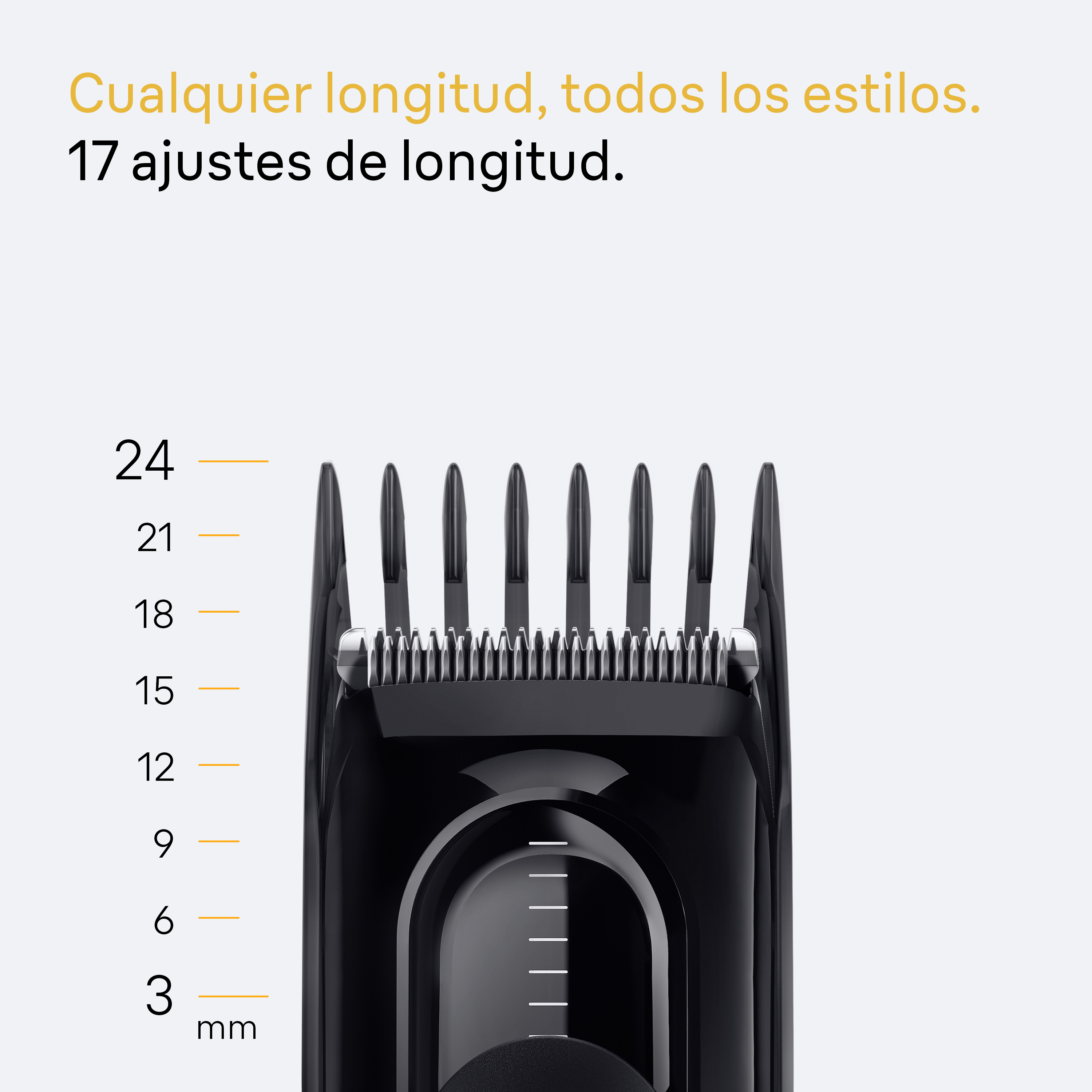Cortapelos negro con ajustes de longitud. Texto: Cualquier longitud, todos los estilos.