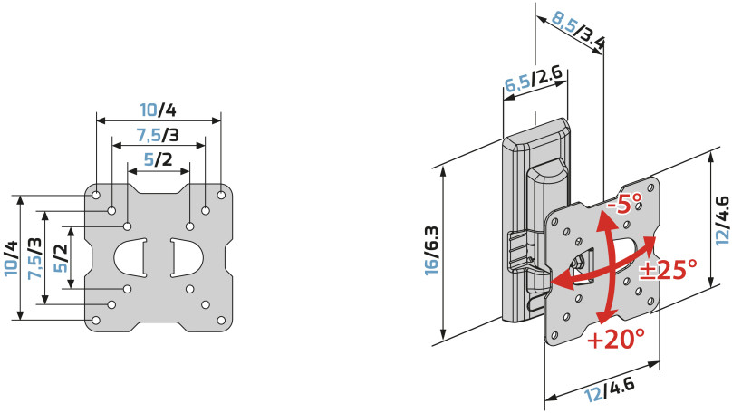 Diagram, amely egy rögzítőkonzolt mutat, méretekkel és szögekkel.