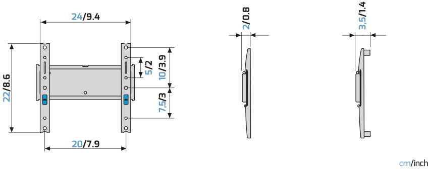 TV fali tartó diagramja, méretekkel cm-ben és hüvelykben.