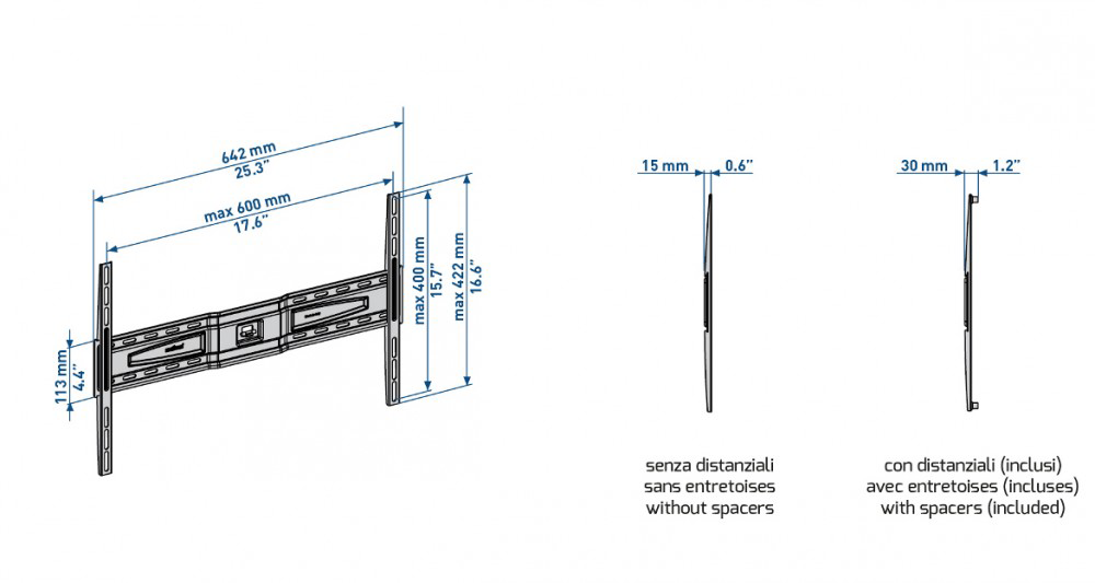 Diagram a TV fali tartó méreteiről, méretekkel mm-ben és hüvelykben.