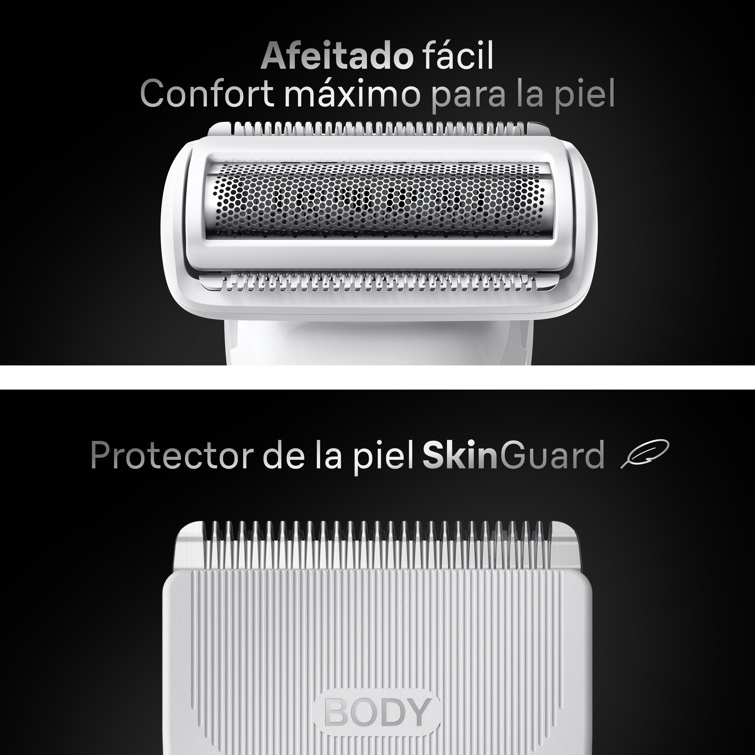 Primer plano de un cabezal de afeitadora con cuchilla y protector de piel, fondo blanco.
