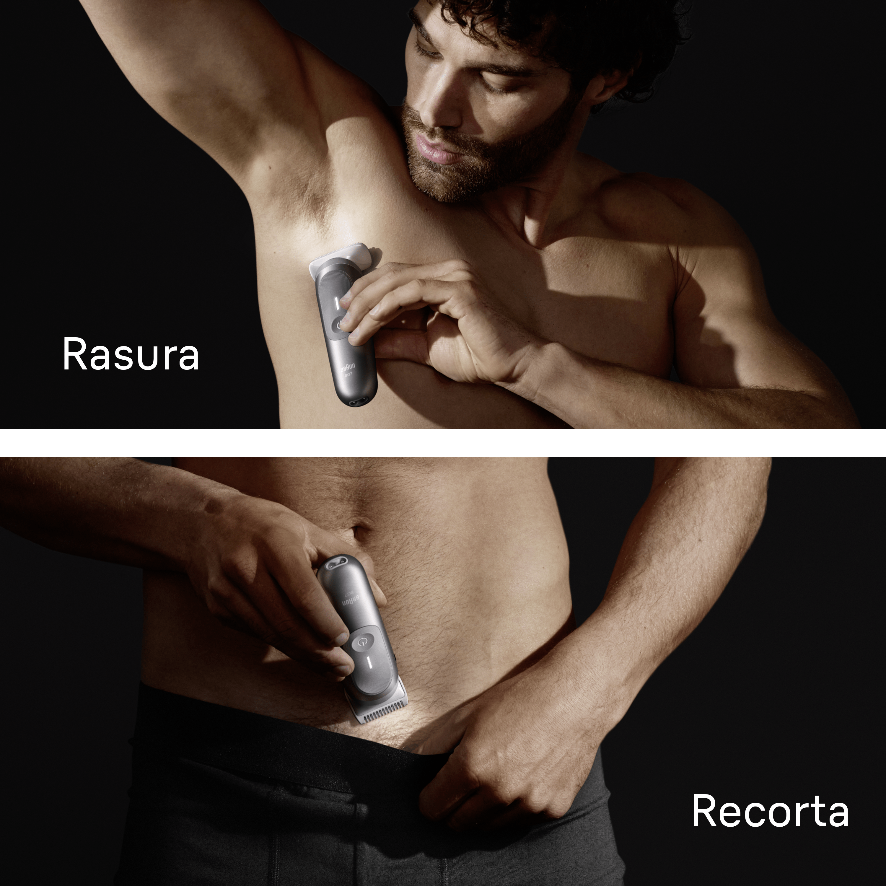 Un hombre se afeita las axilas y la zona genital con una afeitadora Braun.