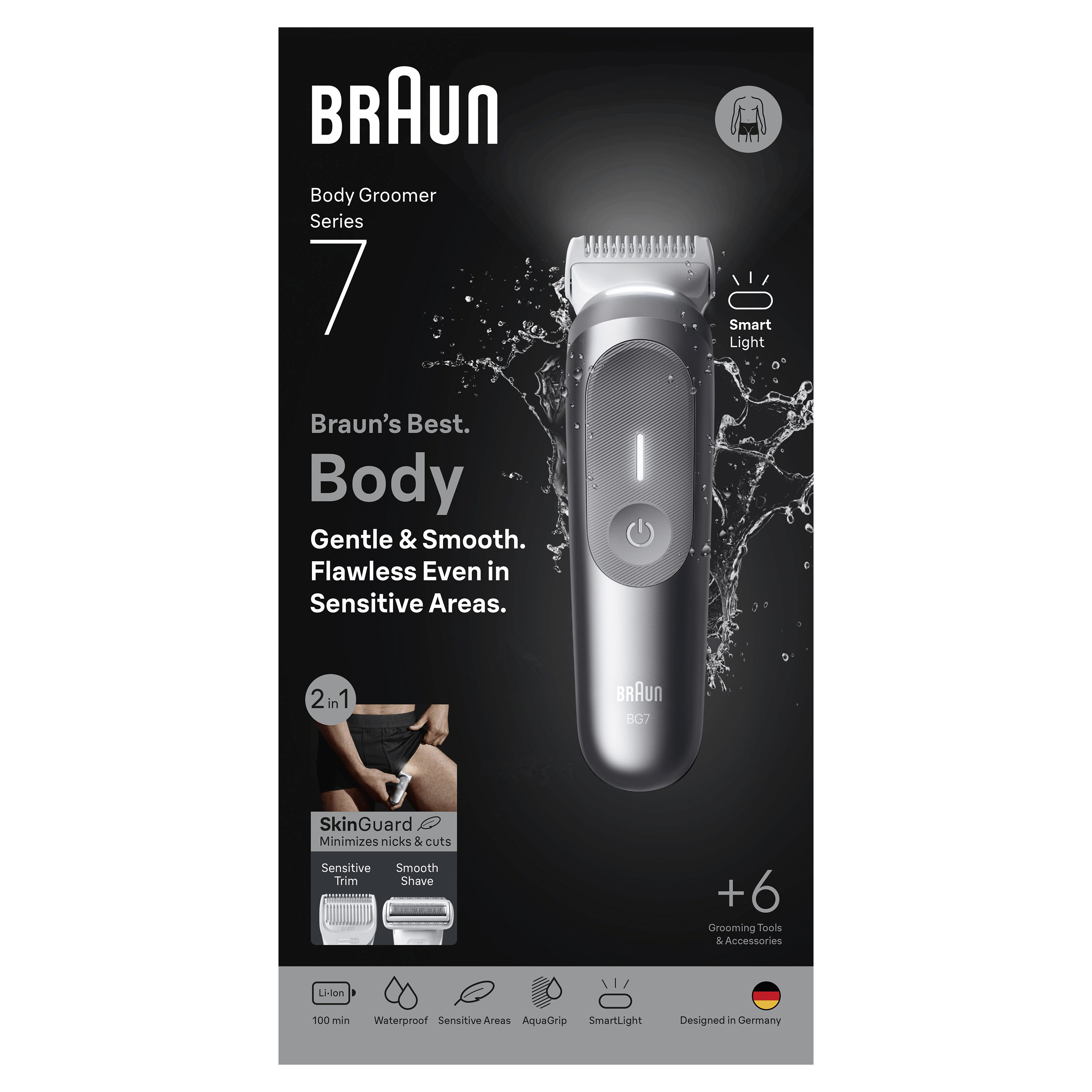 Embalaje del recortador corporal Braun Series 7. Se muestra el dispositivo y características.