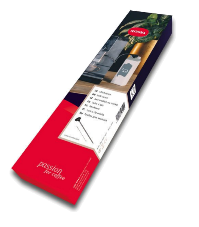 Czerwone i granatowe pudełko z komponentem ekspresu do kawy. Tekst na pudełku.