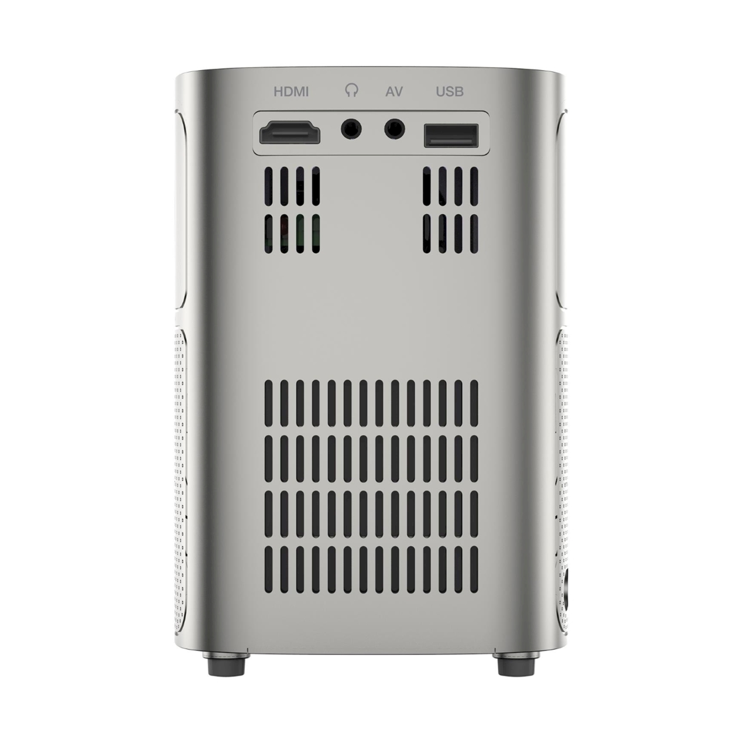 Un proiettore argentato con porte visibili sul retro, tra cui HDMI, AV e USB.