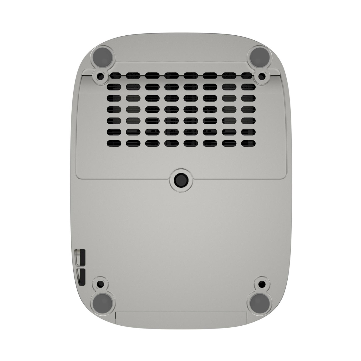 Base del dispositivo grigia con quattro piedini in gomma, un foro e fori di ventilazione sulla parte superiore.