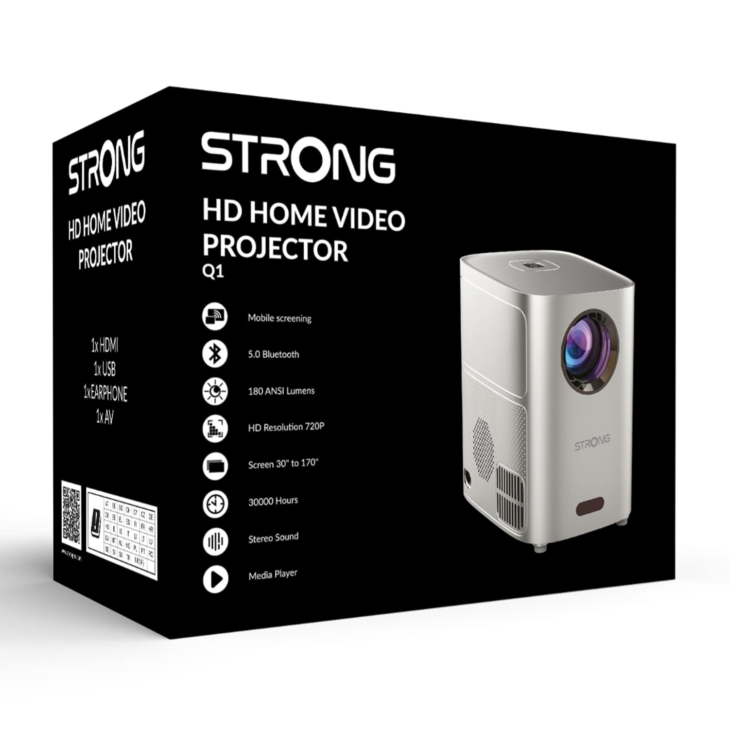 Scatola nera con un proiettore, che mostra funzioni come HDMI, USB e risoluzione HD 720P.