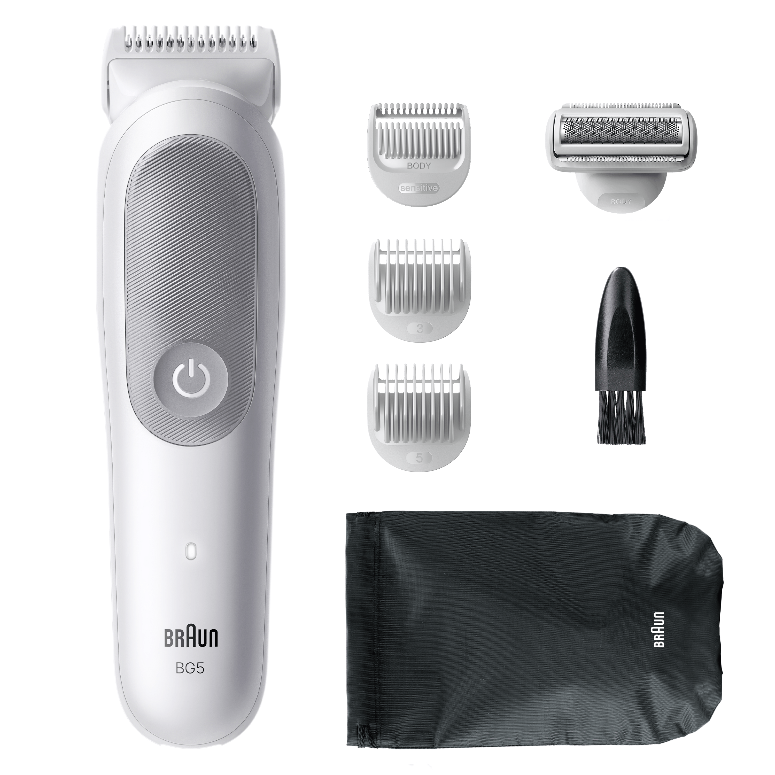 Braun BG5 blanco con accesorios. Hay 3 cuchillas, un cepillo y una bolsa negra.