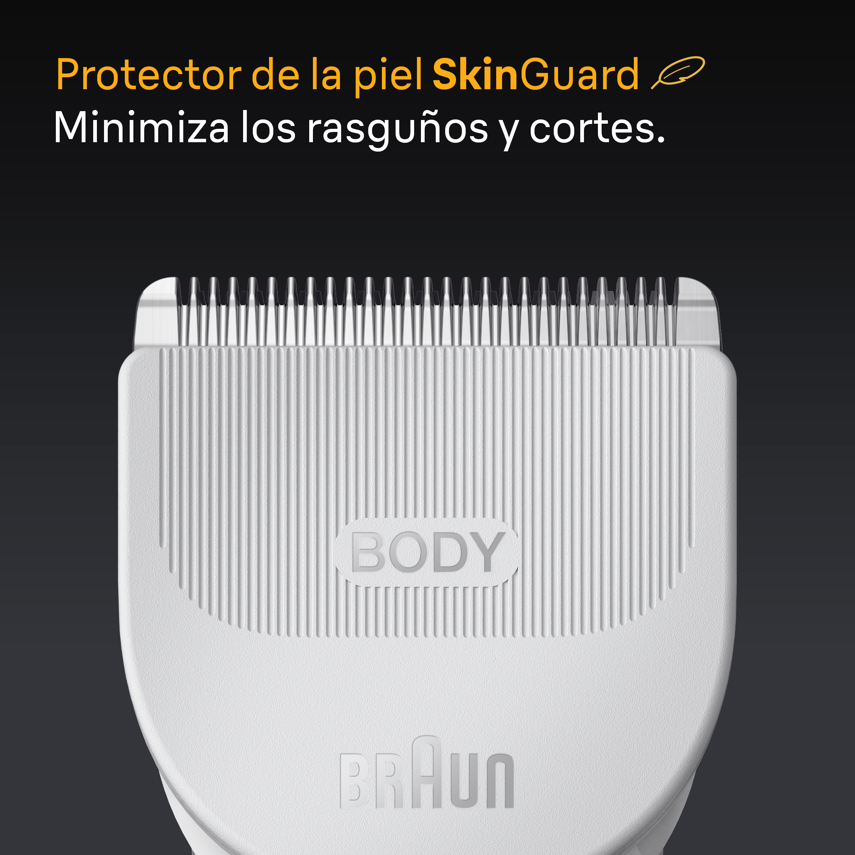 Primer plano de un cabezal de recortadora corporal blanco, con texto SkinGuard. El cabezal tiene dientes metálicos y una superficie acanalada.