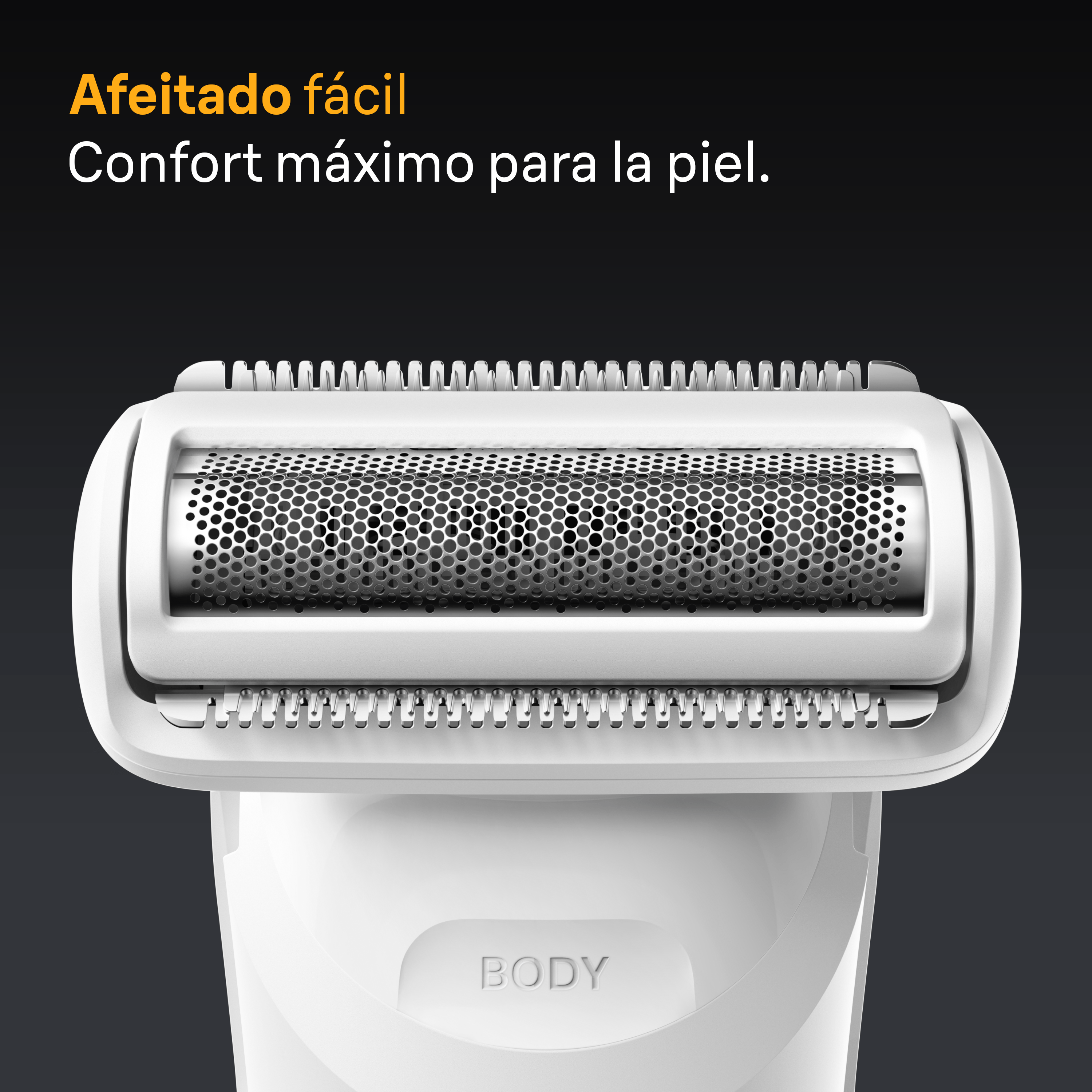 Primer plano de un cabezal de afeitadora blanco con el texto 'BODY' abajo y 'Afeitado fácil' arriba.