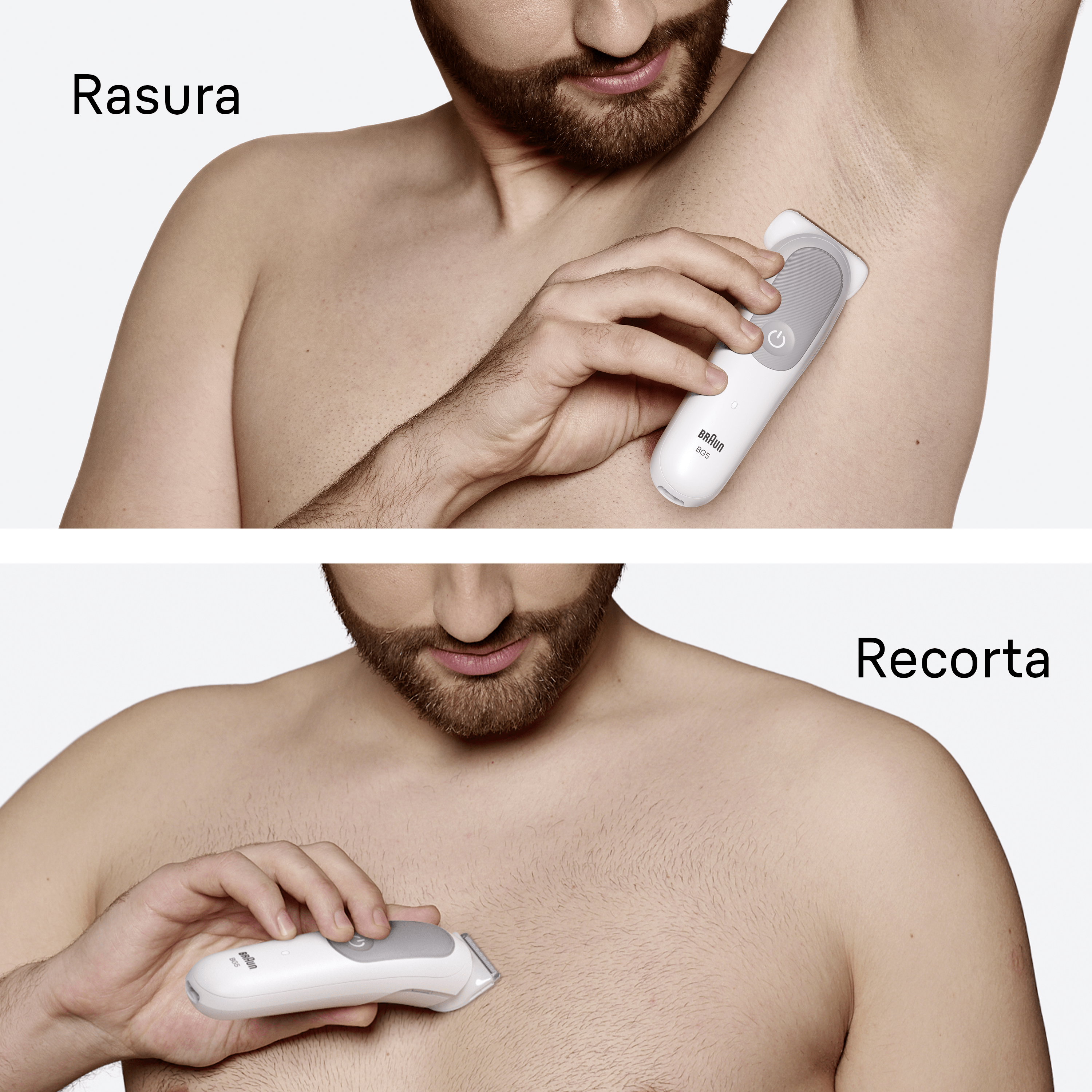 Dos imágenes. Hombre afeitándose la axila y el pecho con el Braun BG5.