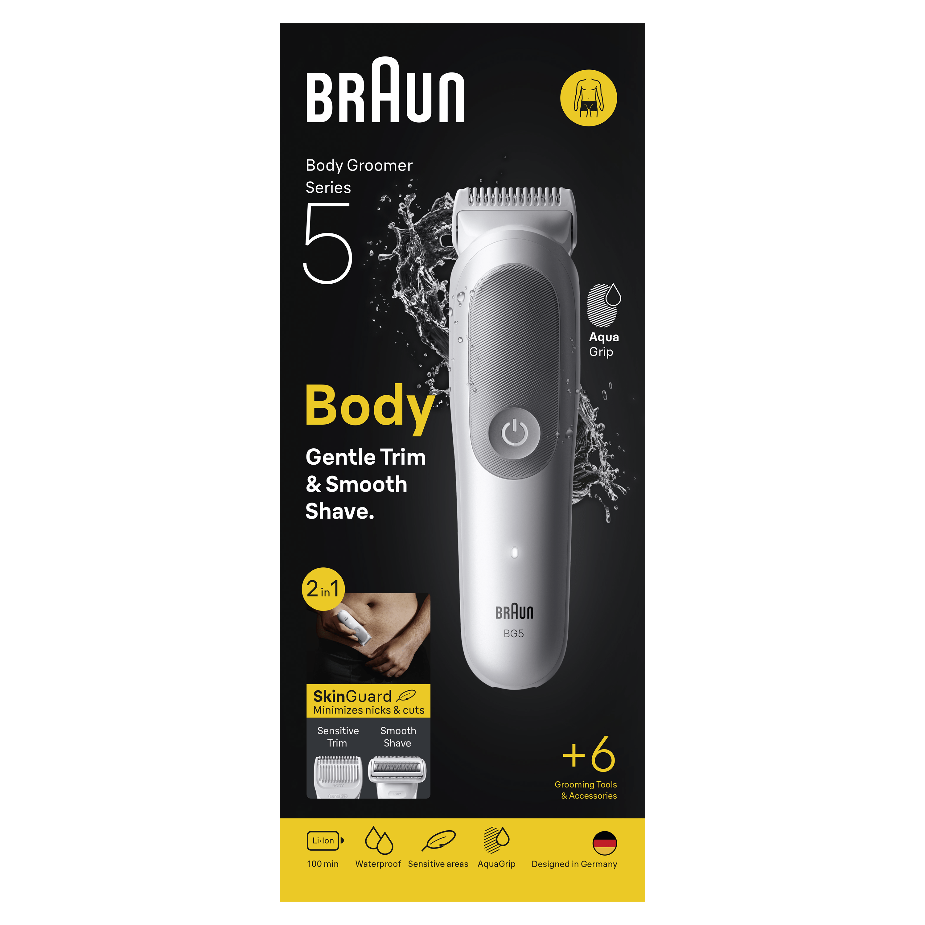 Braun Series 5 Body Groomer sobre fondo negro con texto y accesorios.