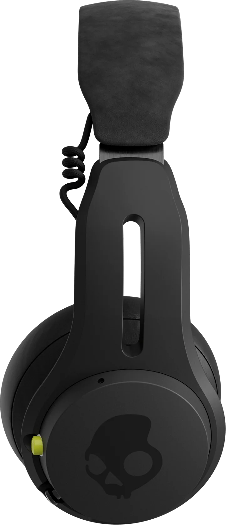 Schwarze Kopfhörer mit Totenkopf-Logo, Kabel, schwarzer Hintergrund.