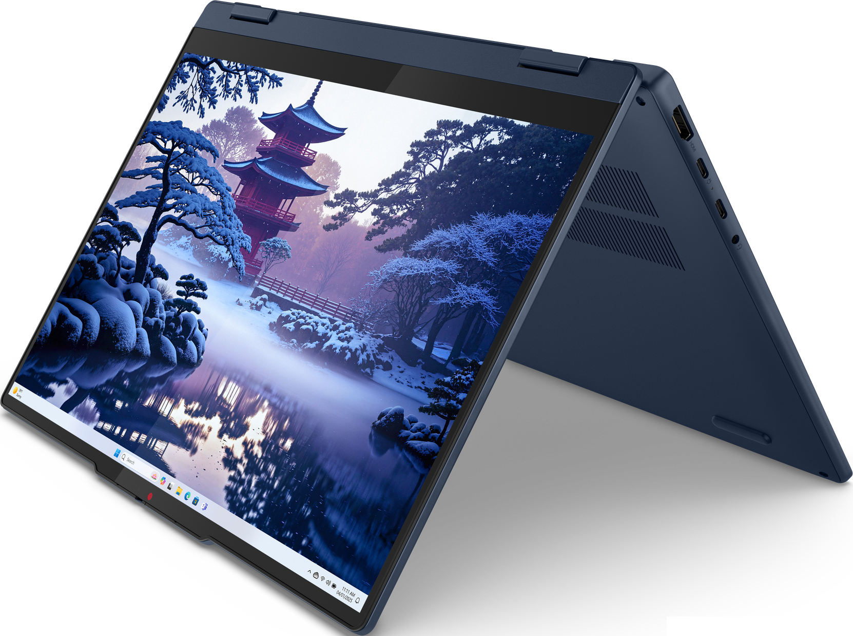 Blauer Laptop, geöffnet, um eine Landschaftsszene mit einer japanischen Pagode zu zeigen.