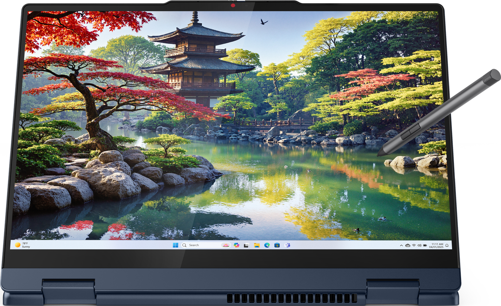 Blauer Laptop, geöffnet, zeigt eine japanische Gartenszene mit Stift.