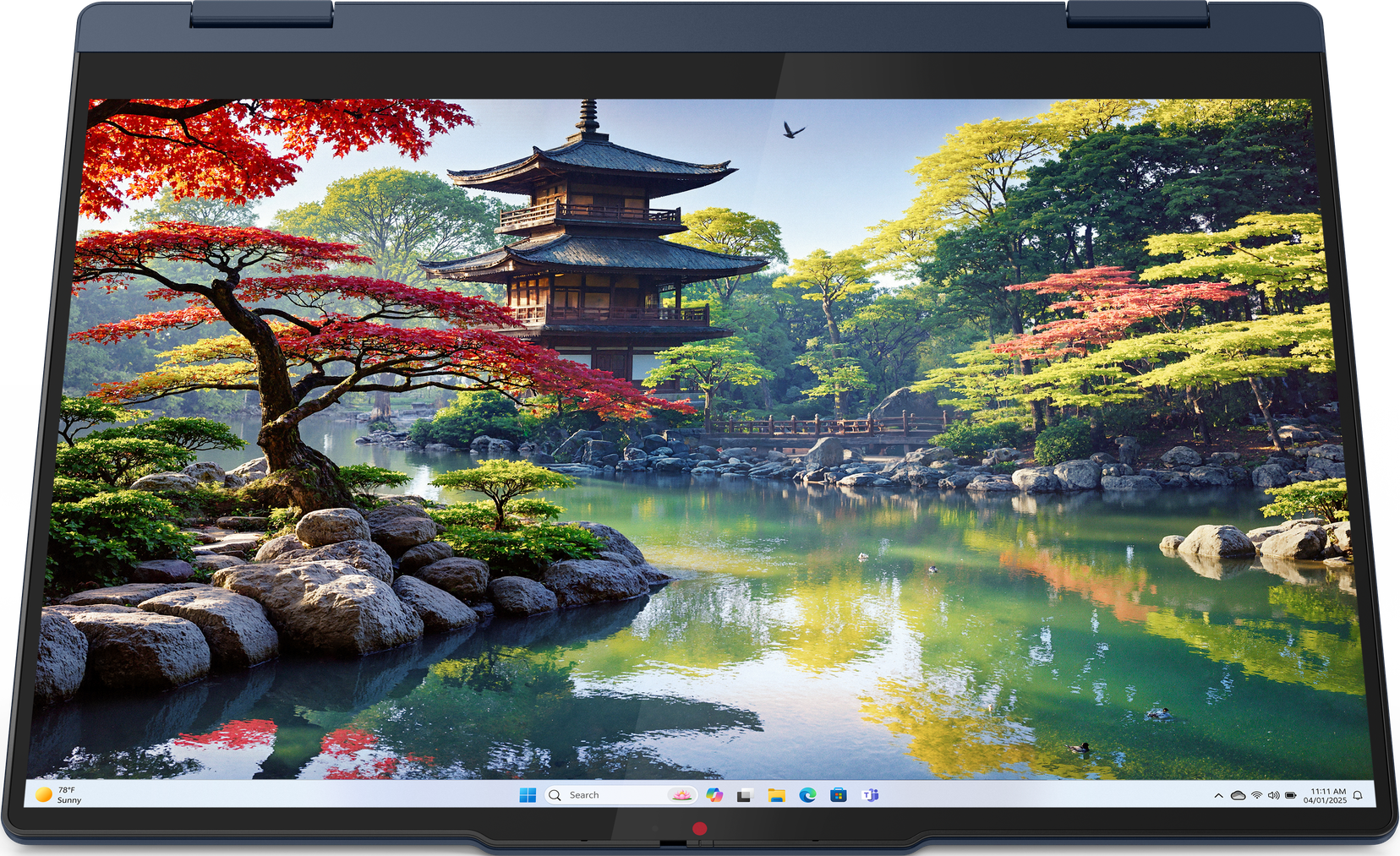 Blauer Laptop, geöffnet, zeigt eine japanische Gartenszene.