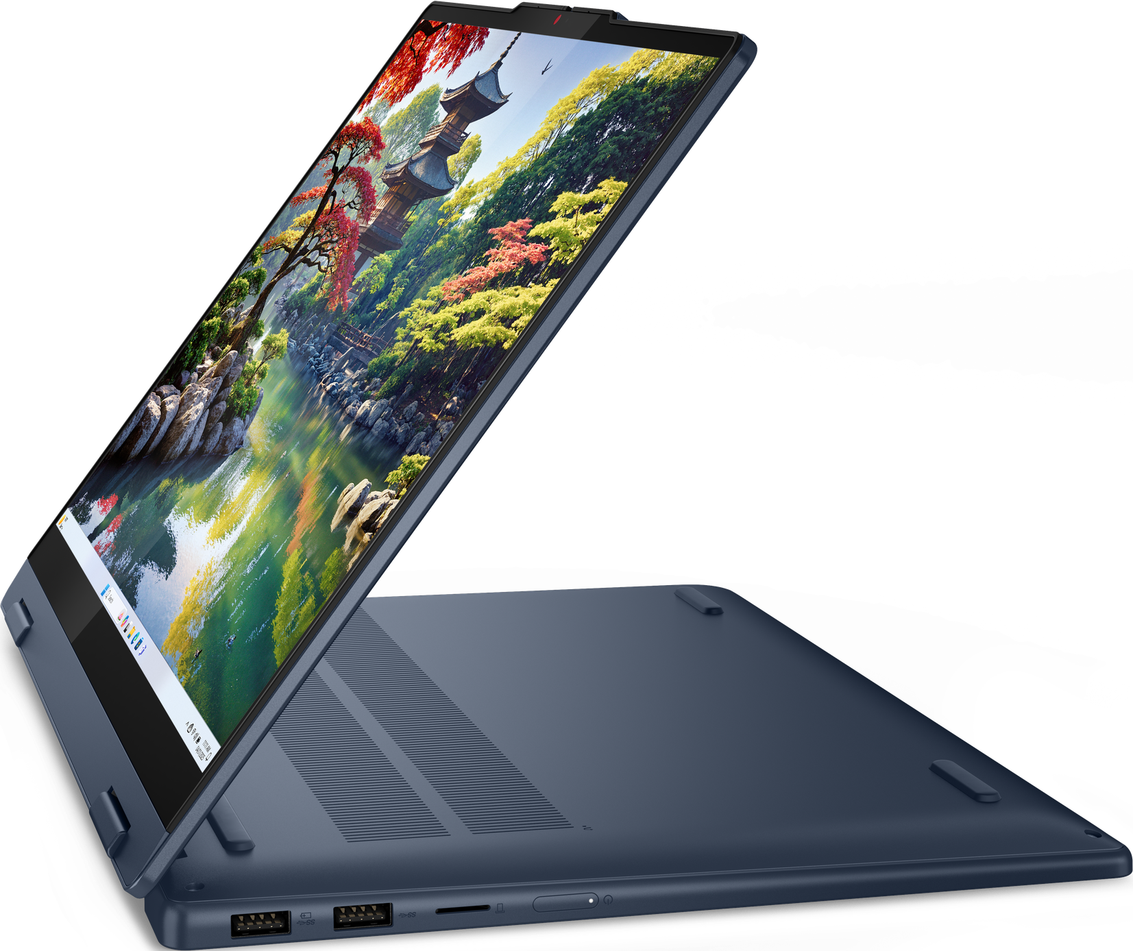 Ein blauer Laptop geöffnet, zeigt eine farbenfrohe Landschaft auf einer weißen Oberfläche.