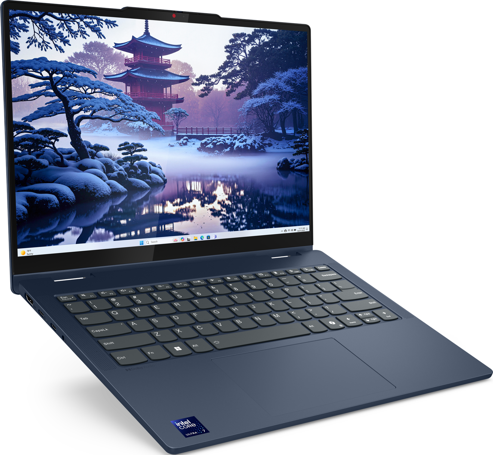Laptop mit japanischer Landschaft: Pagode, Schnee. Der Laptop ist blau.