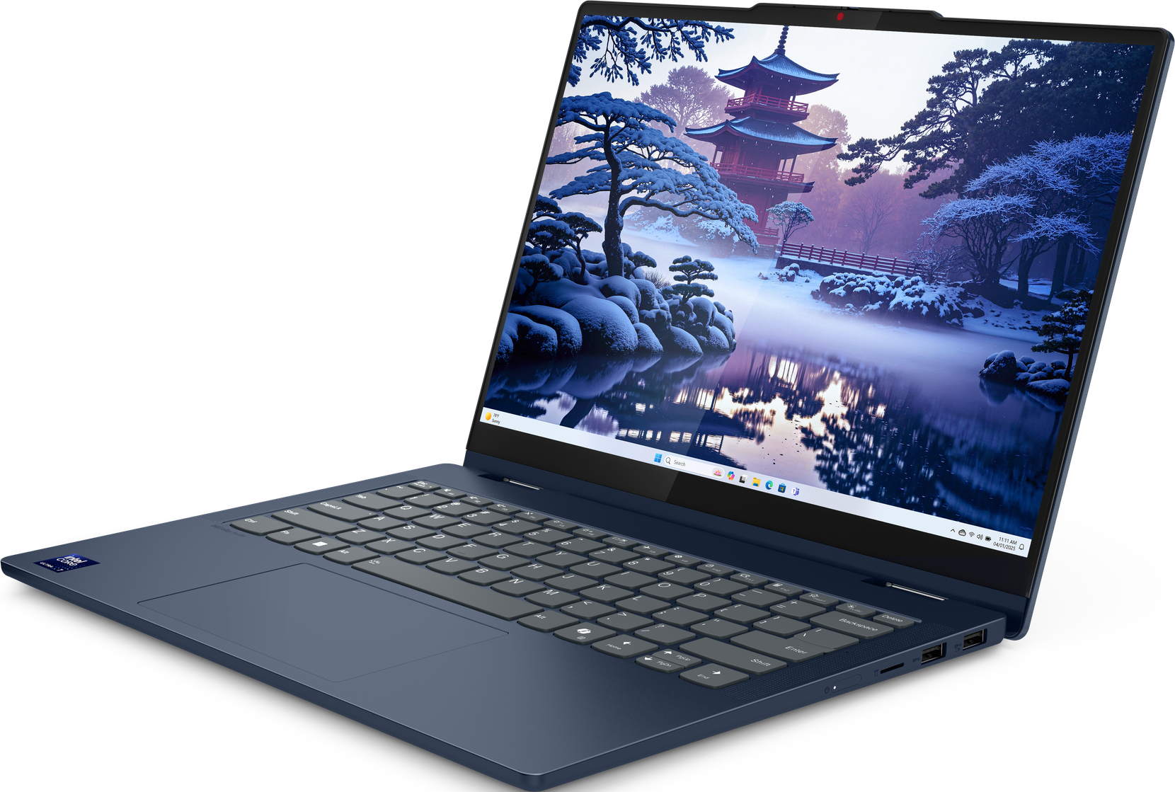 Ein Laptop-Computer auf schwarzem Hintergrund mit einer Ansicht einer verschneiten Landschaft.