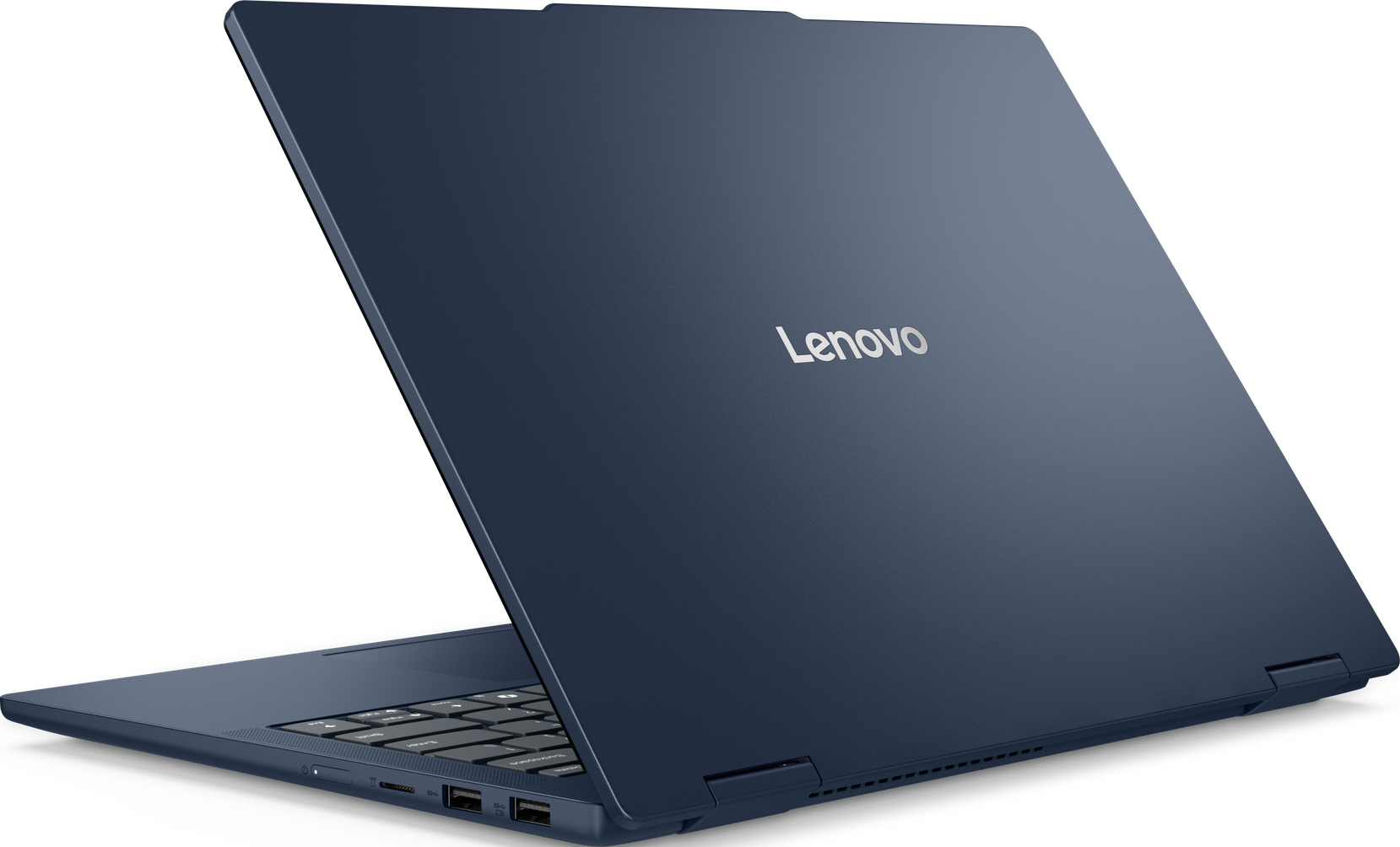Blauer Laptop mit Lenovo-Logo ist geöffnet. Tastatur und Bildschirm sind sichtbar.