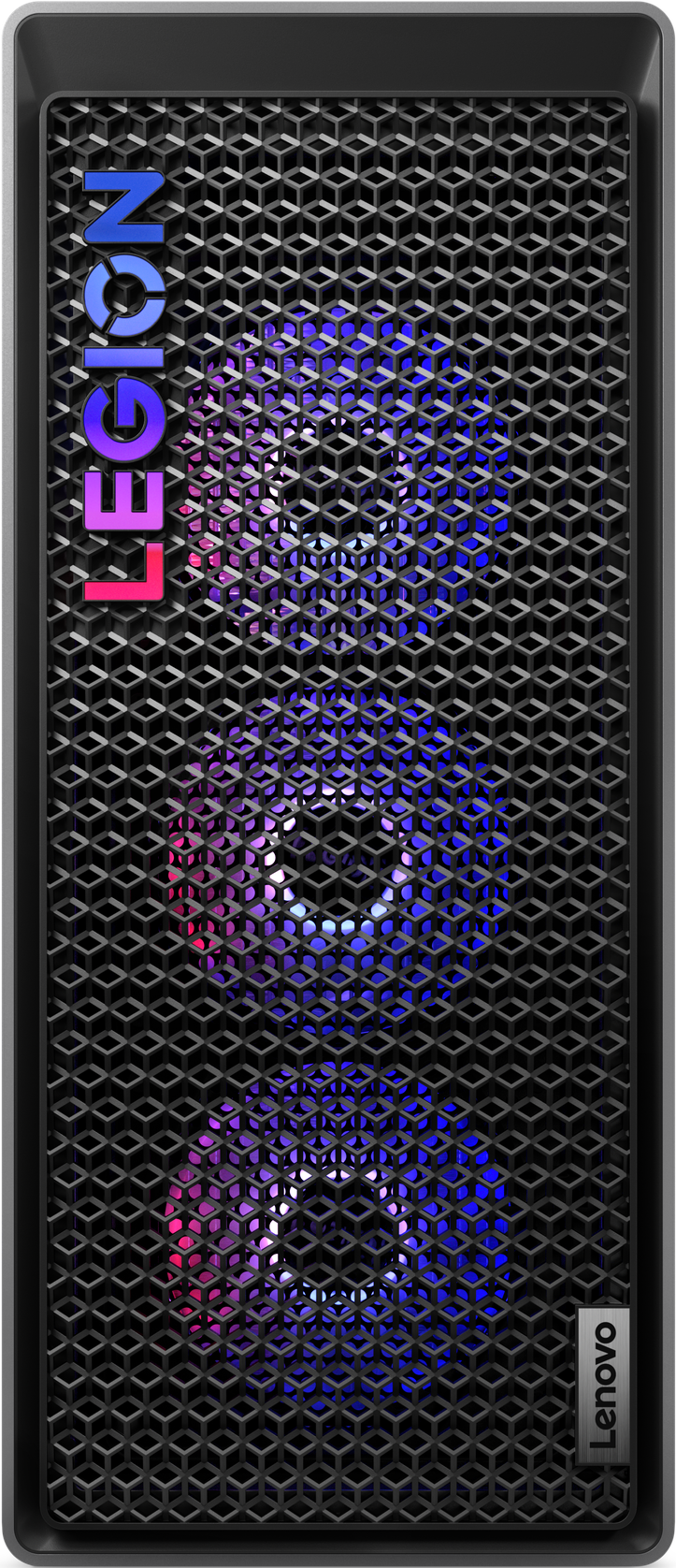 Schwarzer Computerturm mit dem Namen LEGION in bunten Buchstaben auf der Vorderseite und einem Mesh-Design.