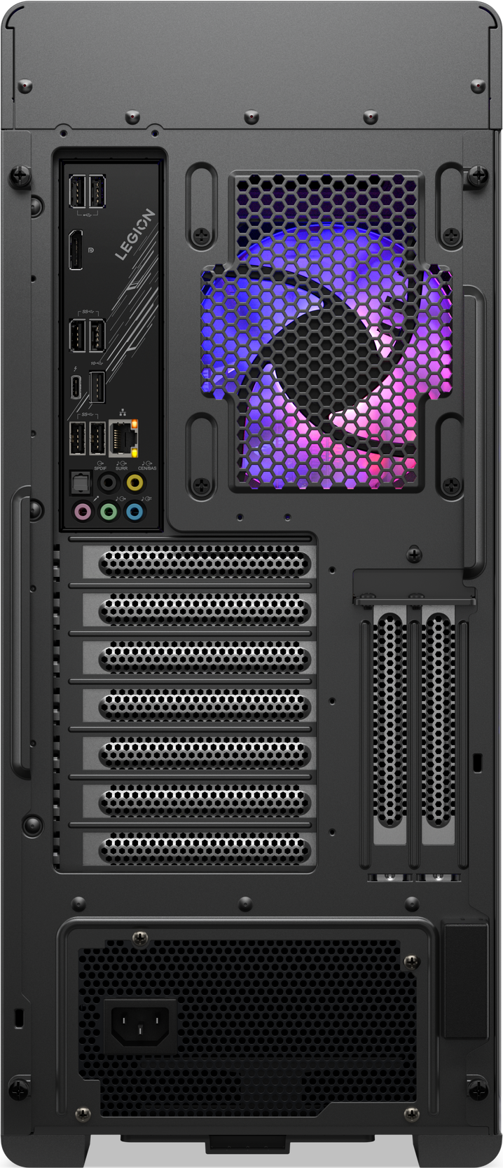 Die Rückseite eines Computergehäuses mit Anschlüssen und Lüftern. Das Legion-Logo ist sichtbar.