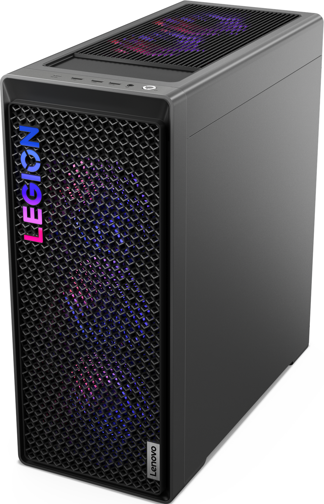 Schwarzer Lenovo Legion-PC-Tower mit beleuchtetem Logo.