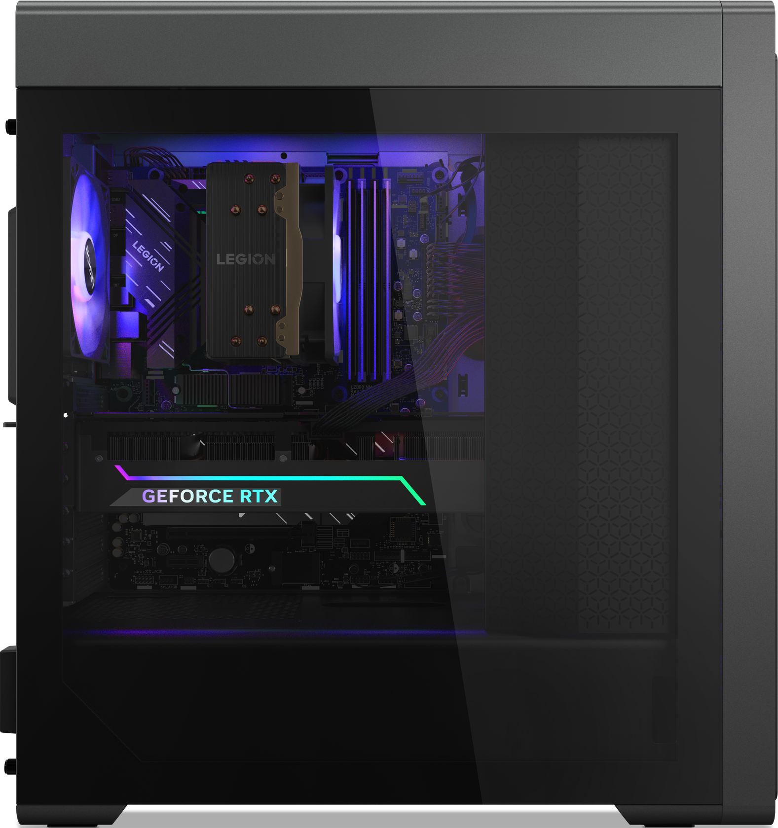 Computergehäuse mit sichtbaren Komponenten: GPU, CPU-Kühler, Motherboard und Seitenlüfter, gut beleuchtet.