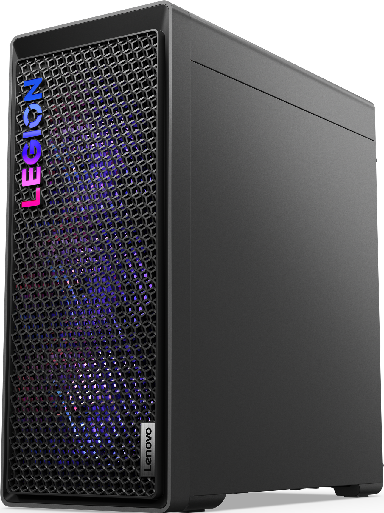 Ein schwarzer Gaming-PC-Tower mit Legion-Branding und farbenfroher Innenbeleuchtung.