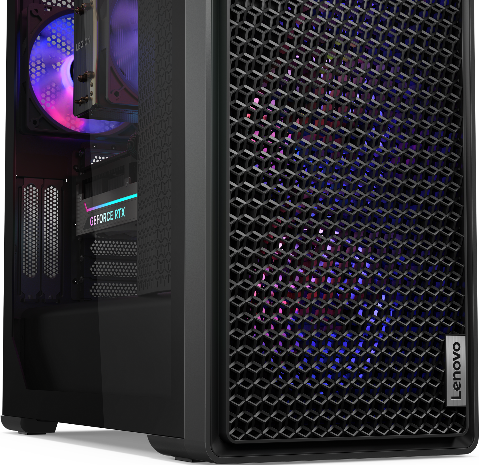 Computer-Tower mit Mesh-Front, der interne Komponenten zeigt.