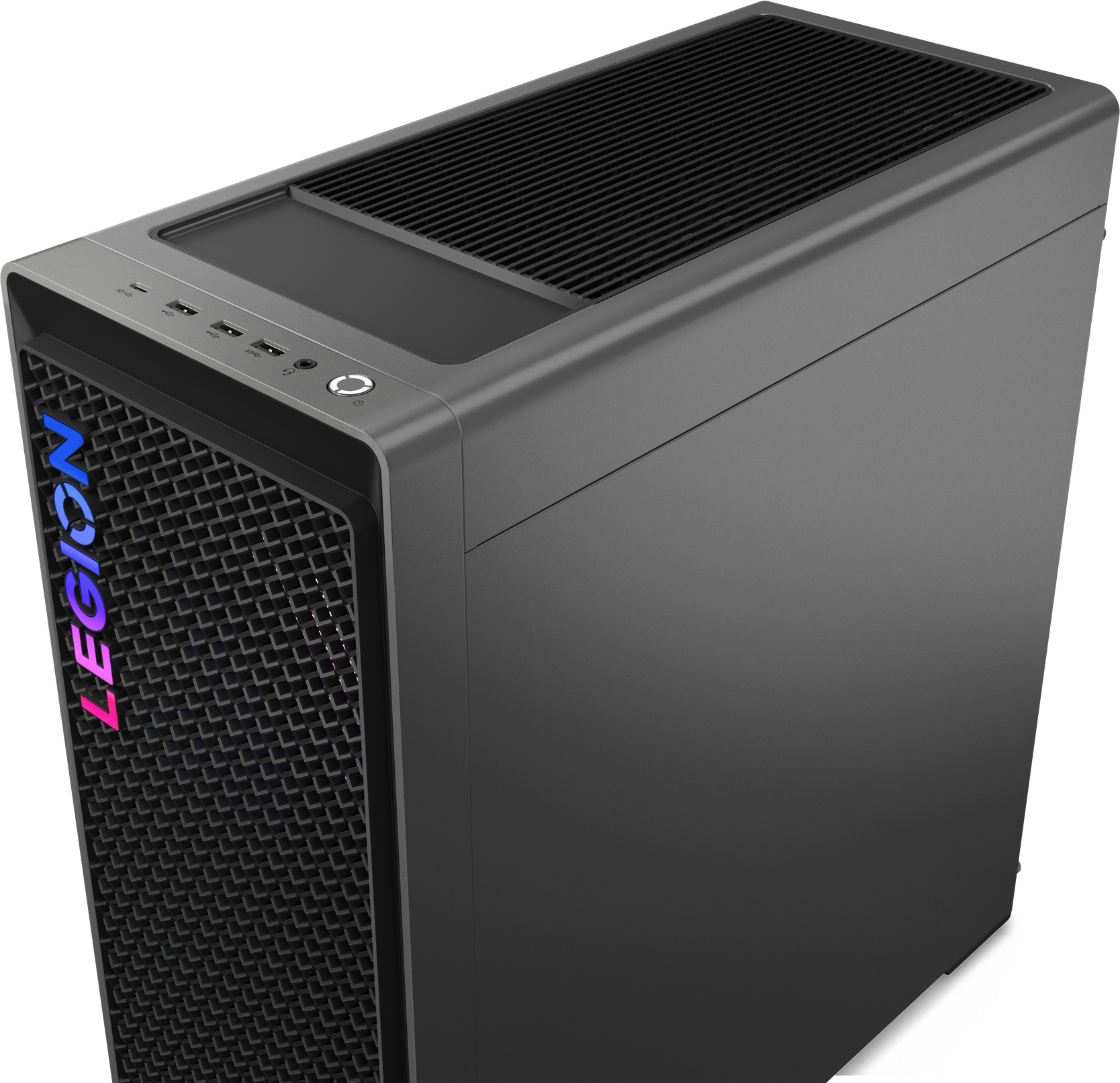 Schwarzer Desktop-Computer mit Mesh-Frontplatte und leuchtendem LEGION-Logo.