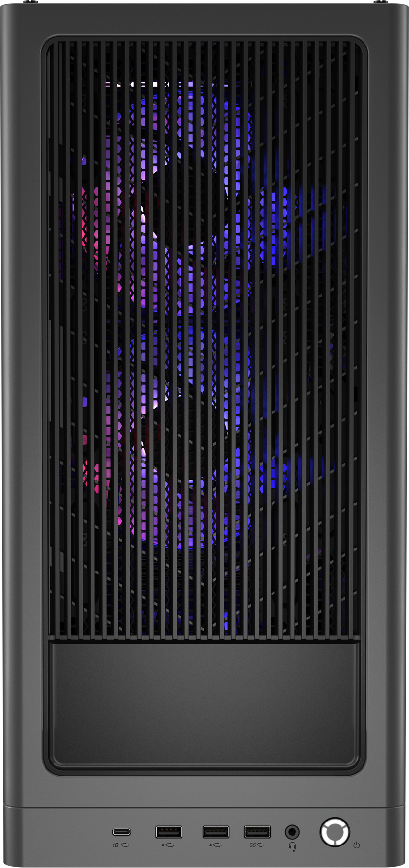 Schwarze Computergehäusefront. Mit einem Gitter und Anschlüssen, durch das Gitter sind Lüfter sichtbar.