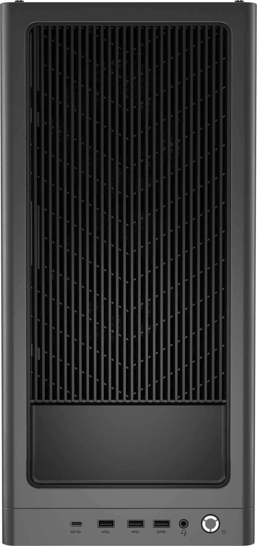 Schwarzer Computerturm mit vertikalen Lüftungsschlitzen und unterer Blende mit Anschlüssen.