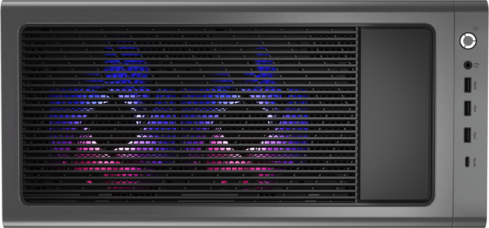 Schwarzes Computergehäuse mit Lüfter und Mesh-Front. Anschlüsse rechts.