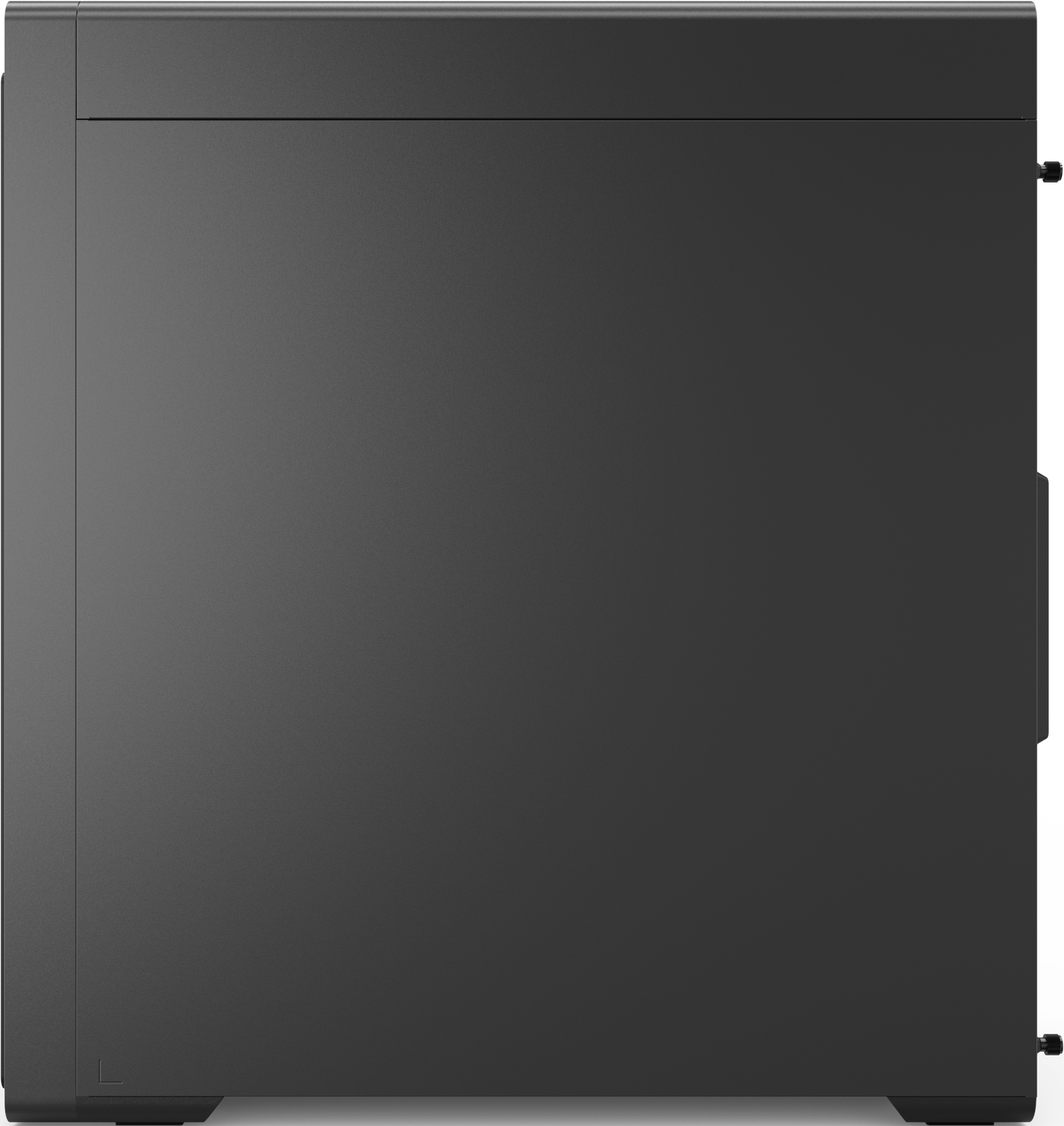 Dunkelgraues Computergehäuse, Seitenansicht. Massivplatte mit Griff. Einfaches, modernes Design.