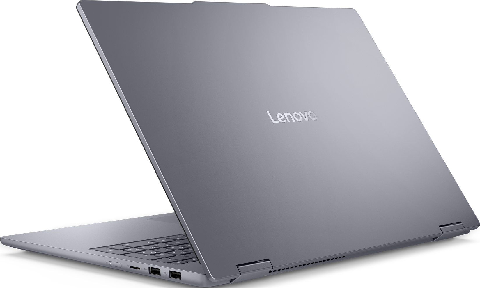Laptop argentato da dietro, leggermente aperto. Il logo Lenovo è visibile.
