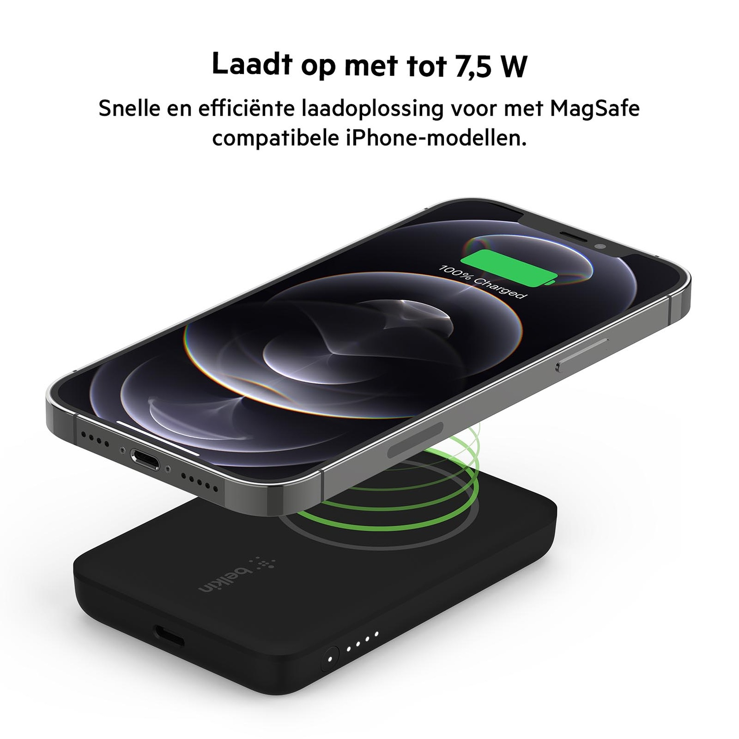 iPhone on a black charging pad. The phone shows 100% charged. Text at top.