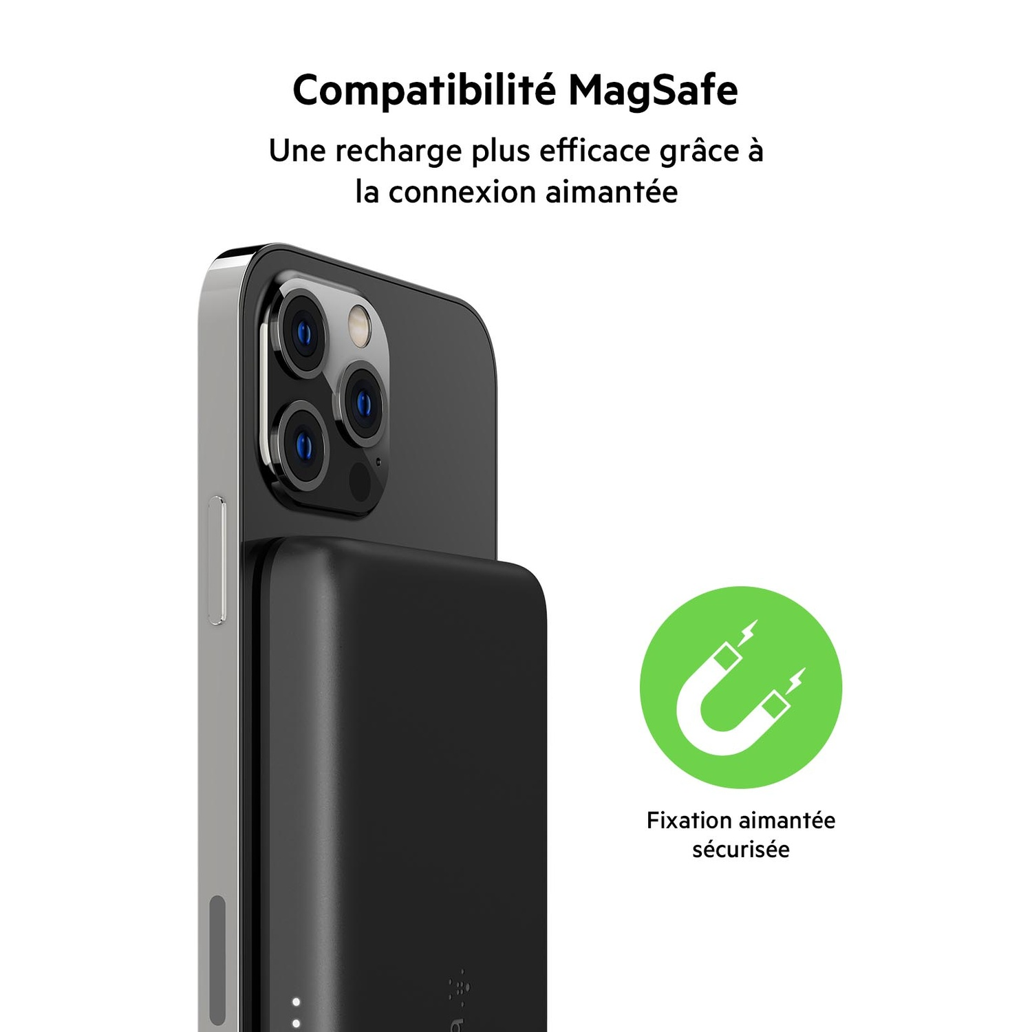 Téléphone noir charge un téléphone avec fixation magnétique.