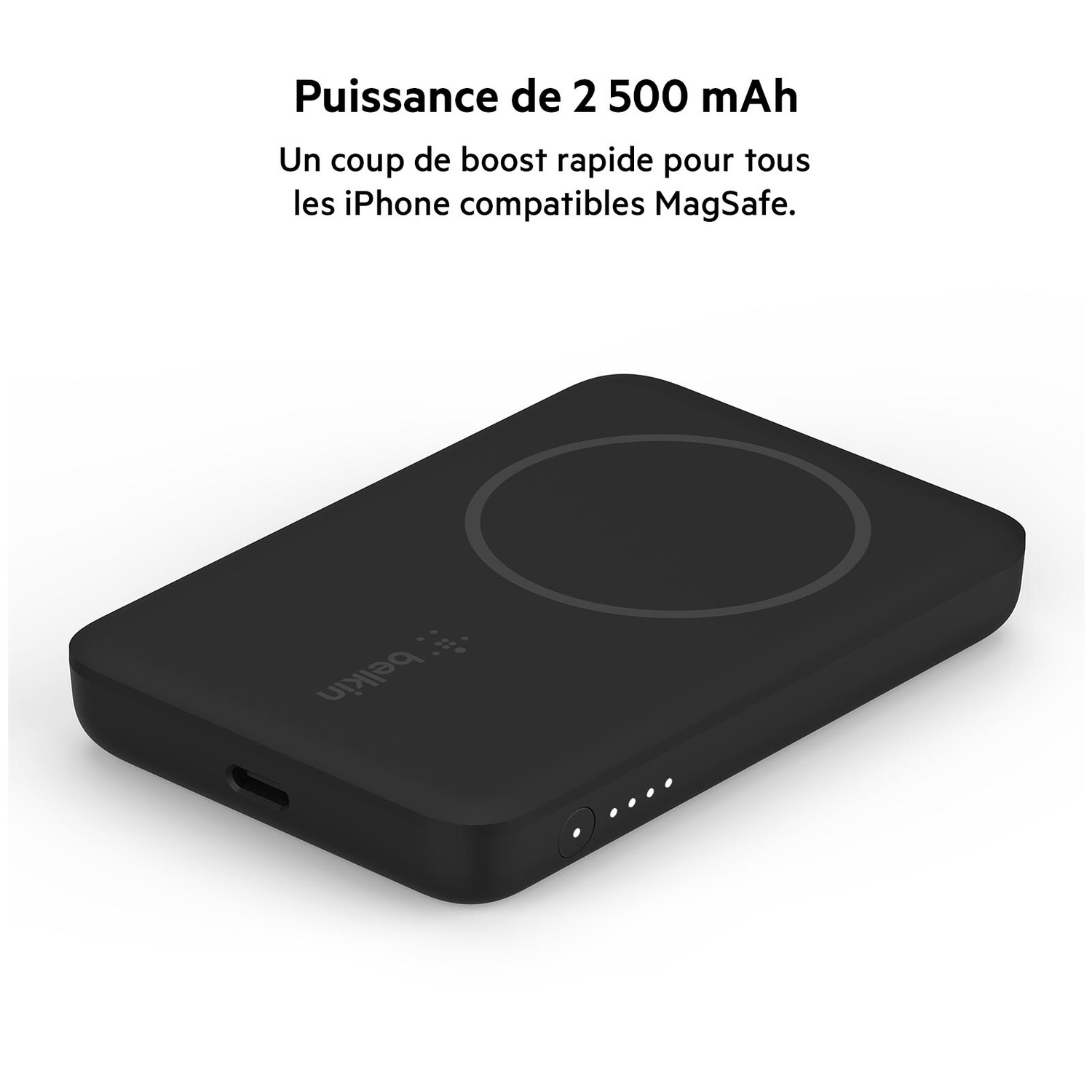 Une batterie externe MagSafe Belkin noire sur fond blanc avec du texte.