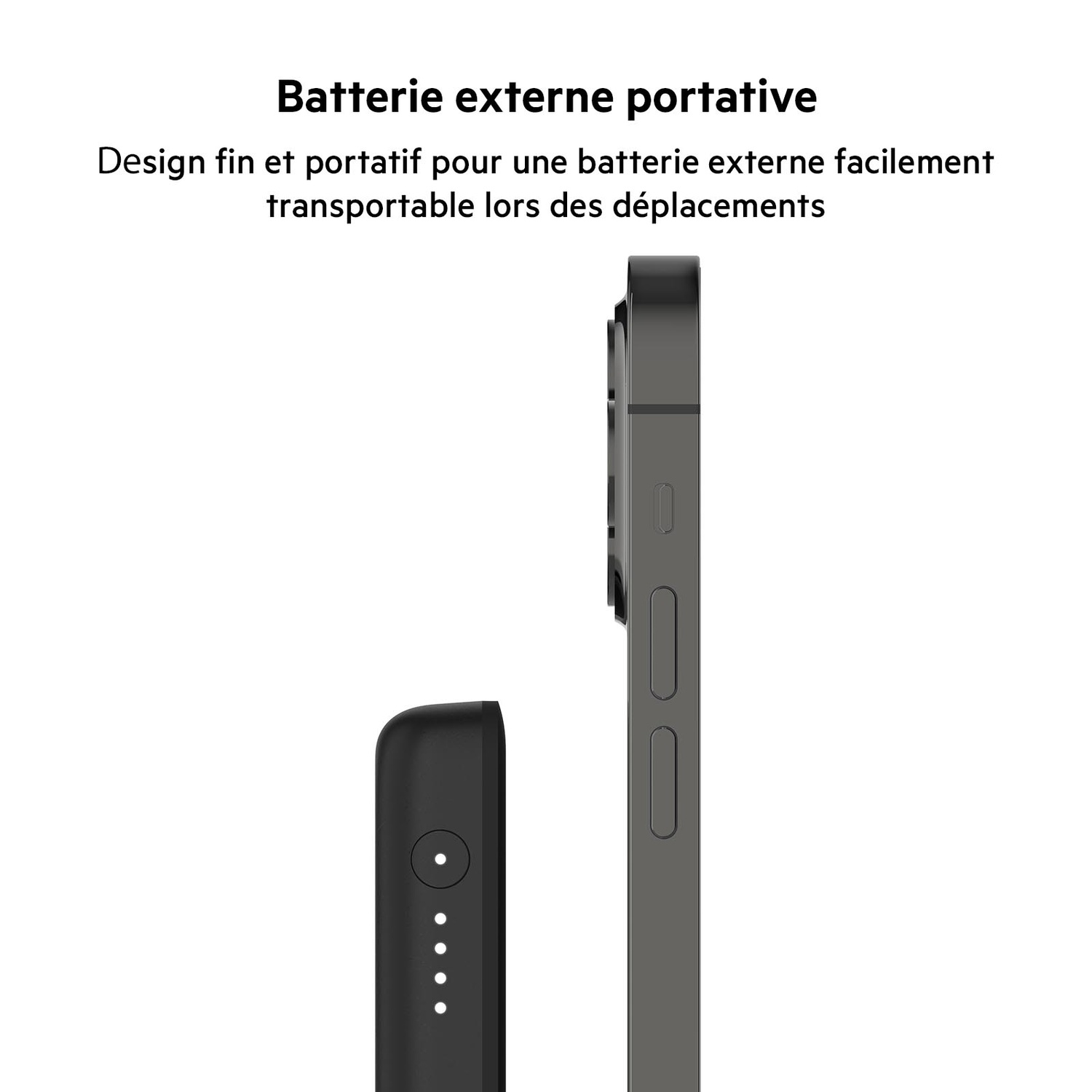 Une batterie externe portable noire à côté d'un téléphone, design et texte.